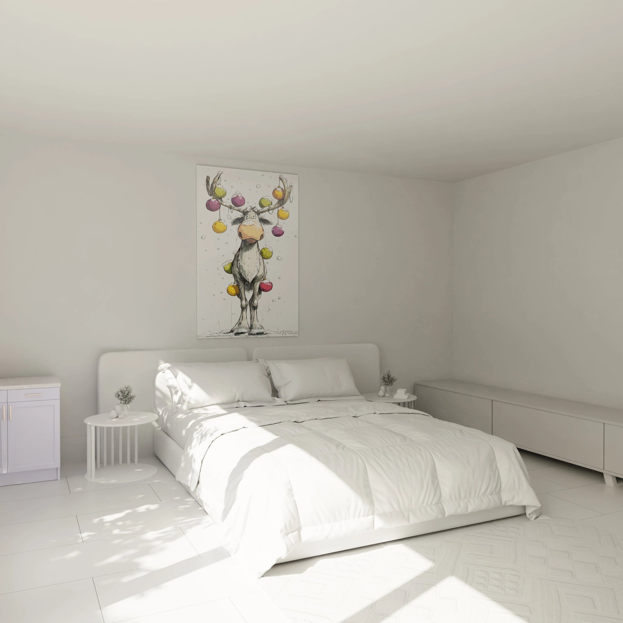 Tableau mural renne édition Noël suspendu au-dessus d'un lit dans une chambre moderne et lumineuse