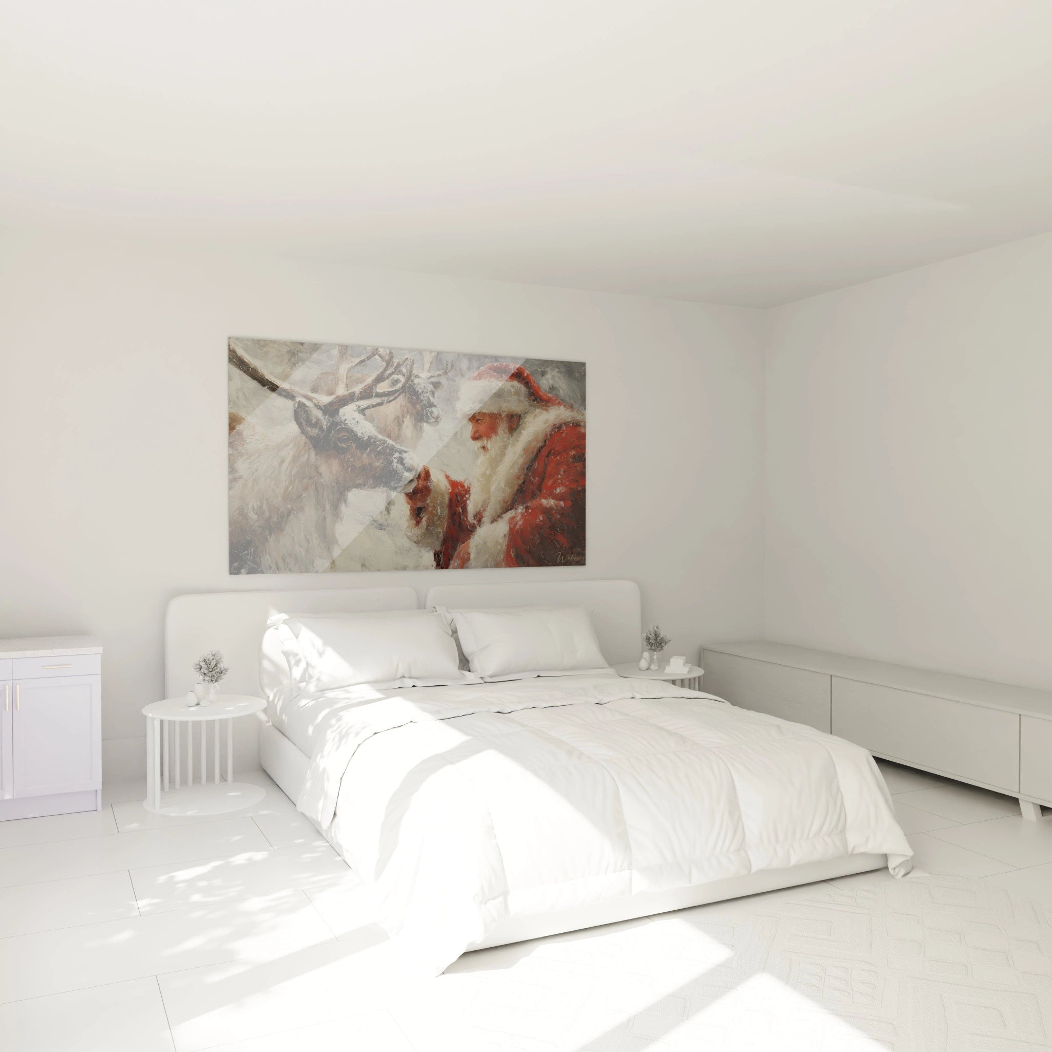 Tableau mural renne Noël avec un Père Noël dans une chambre moderne et lumineuse