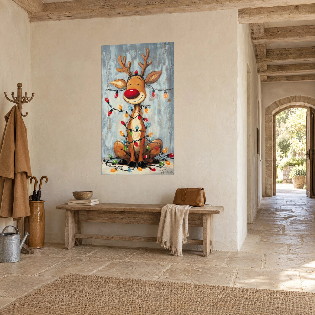 Wall art smiling Christmas deer wrapped in orange and blue lights, brown coat, cream wall, three-quarter view in a stone house