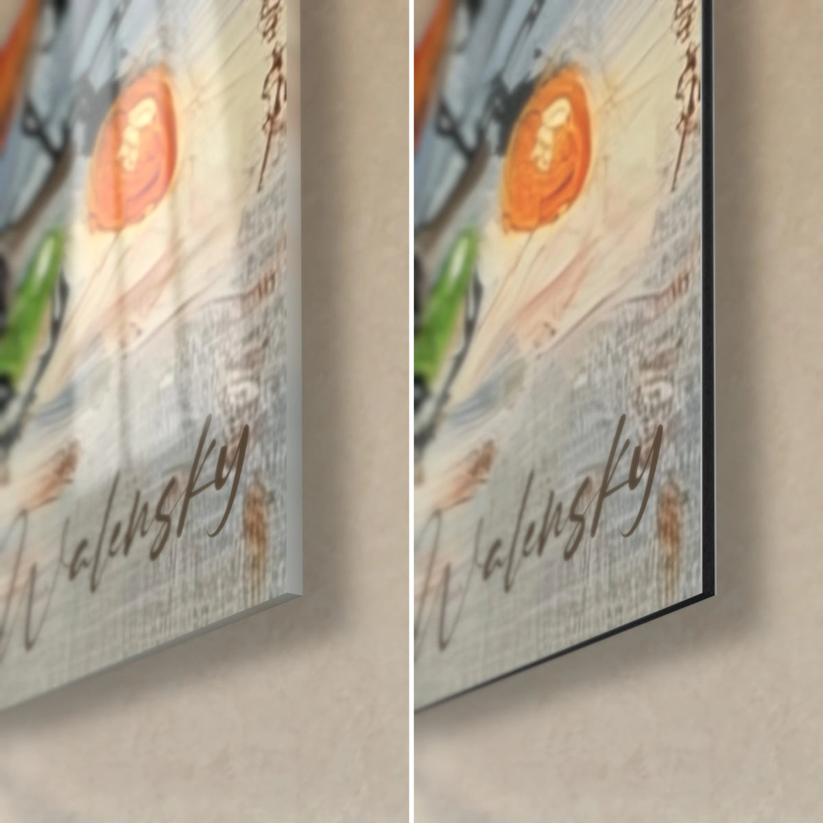 Wall art festooned reindeer, bottom right corner: orange bulb and blue-grey background, glossy glass on the left, matte Dibond on the right, 3 mm thickness