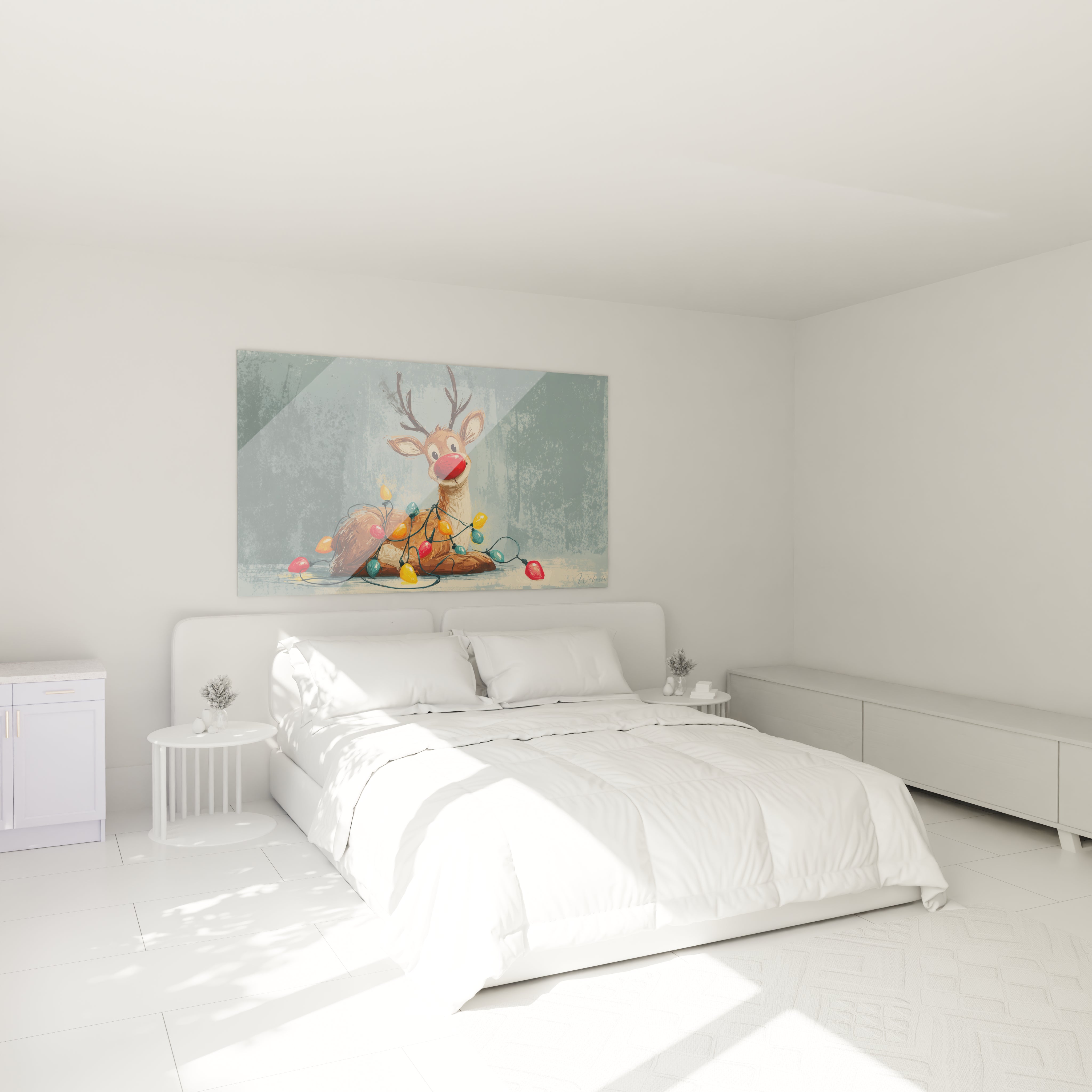 Tableau renne de Noël mural coloré avec des décorations festives sur un mur blanc