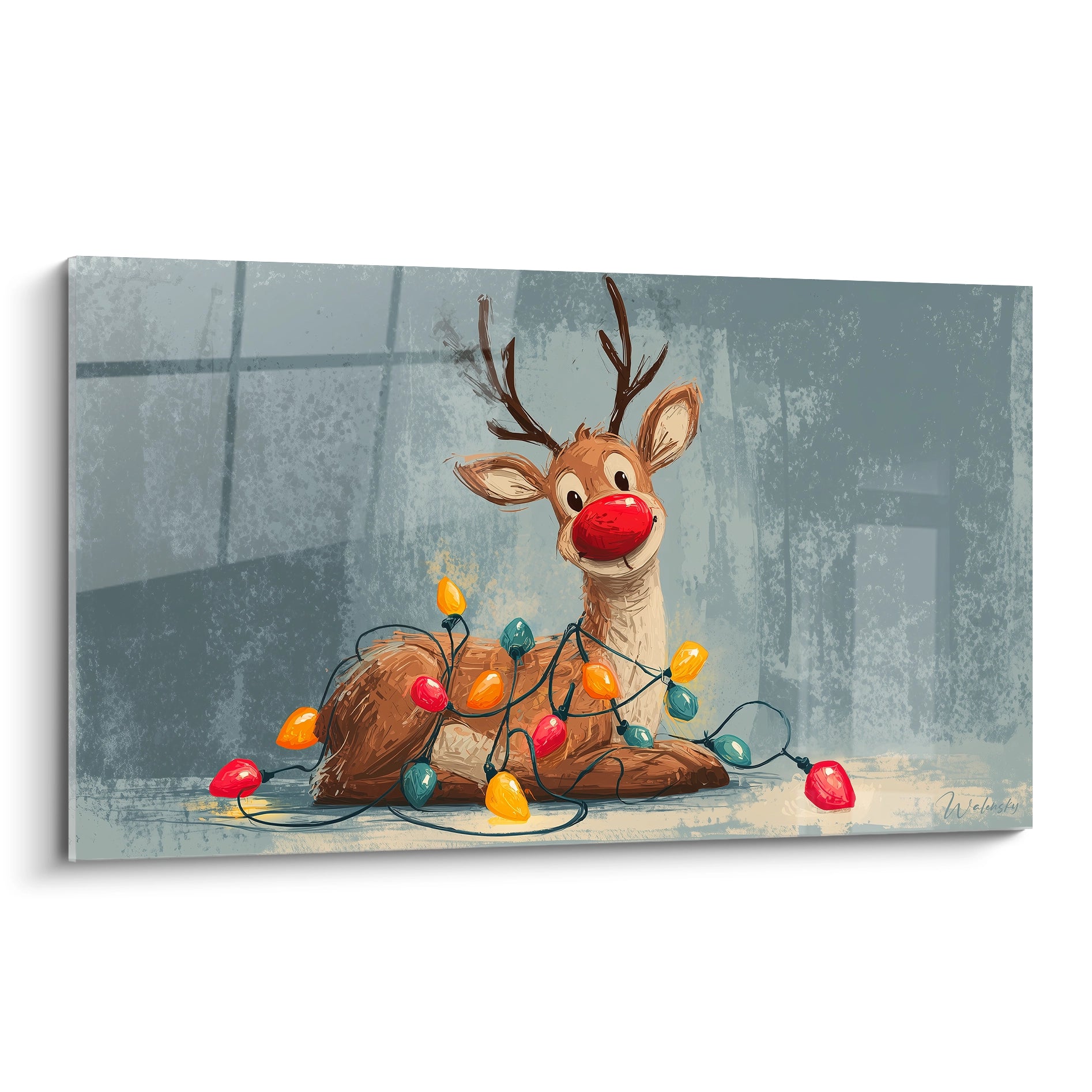 Tableau mural renne de Noël mural avec des lumières colorées et un arrière-plan gris