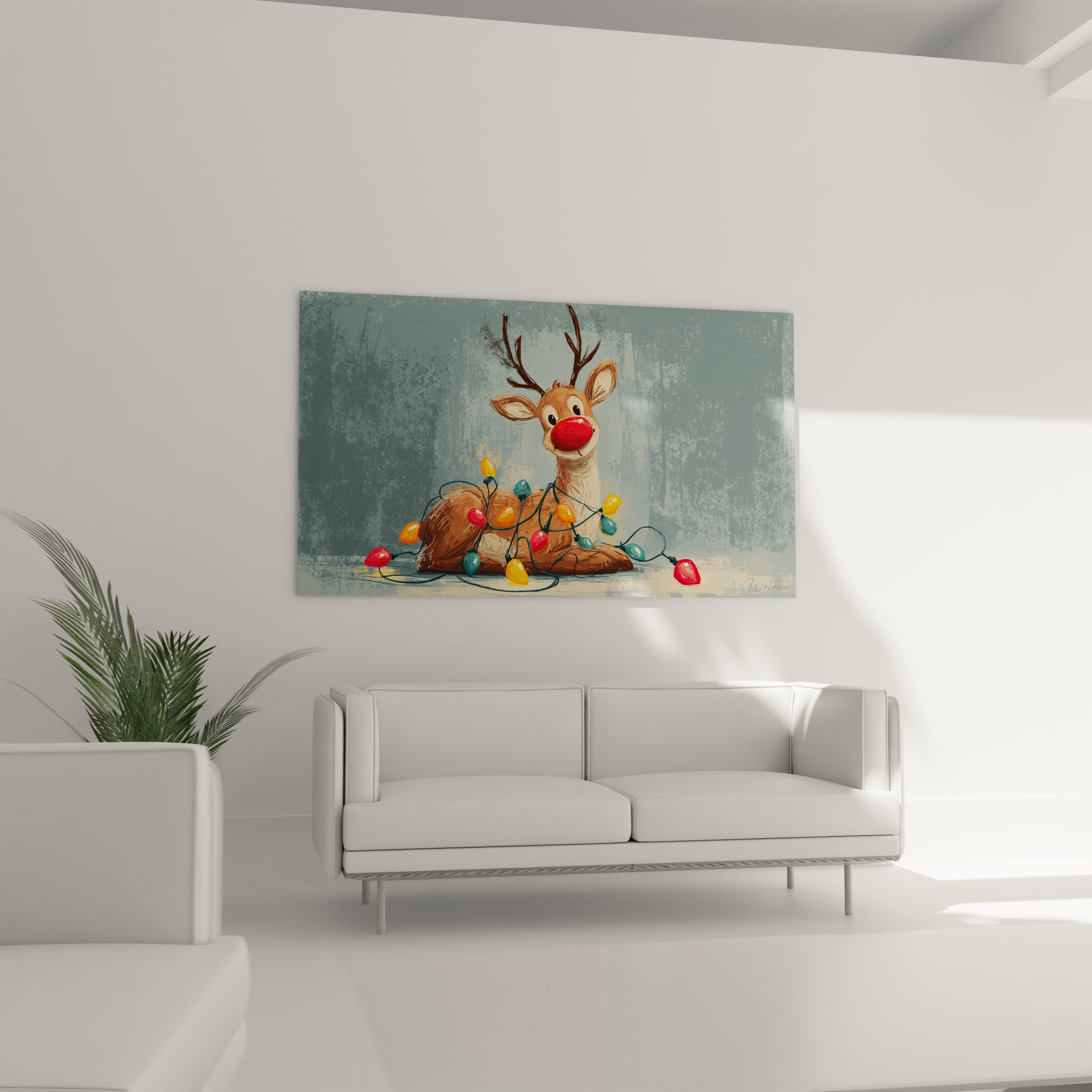 Tableau renne de Noël mural avec des lumières colorées sur un mur moderne