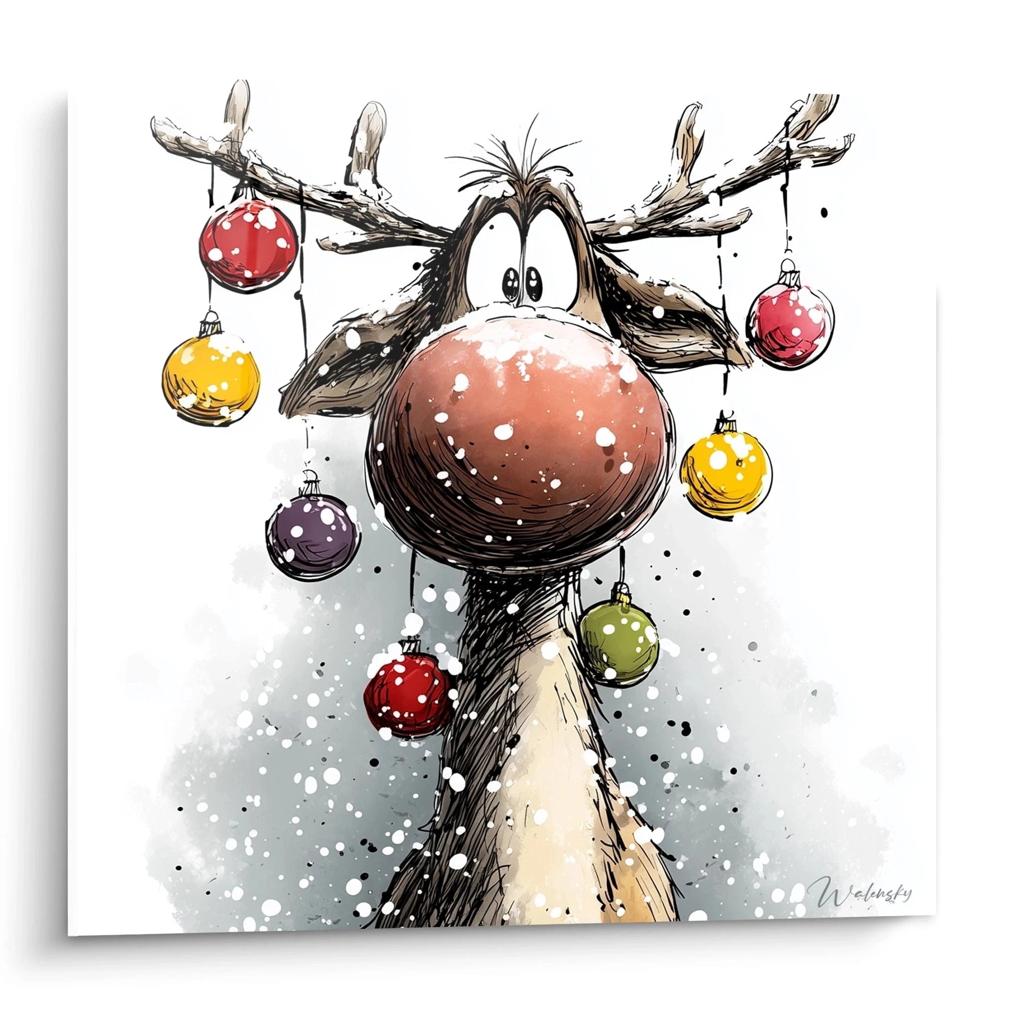 Tableau renne Noël mural de Walensky avec un renne amusant décoré de boules colorées