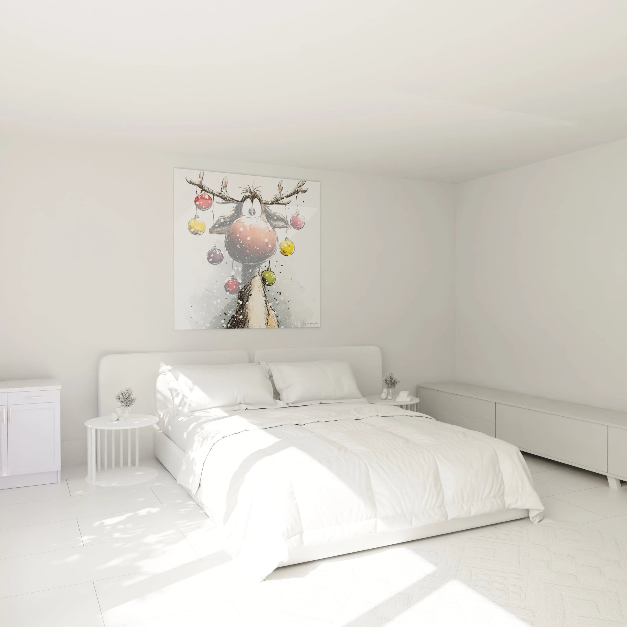 Tableau renne Noël mural de Walensky dans une chambre lumineuse avec lit double