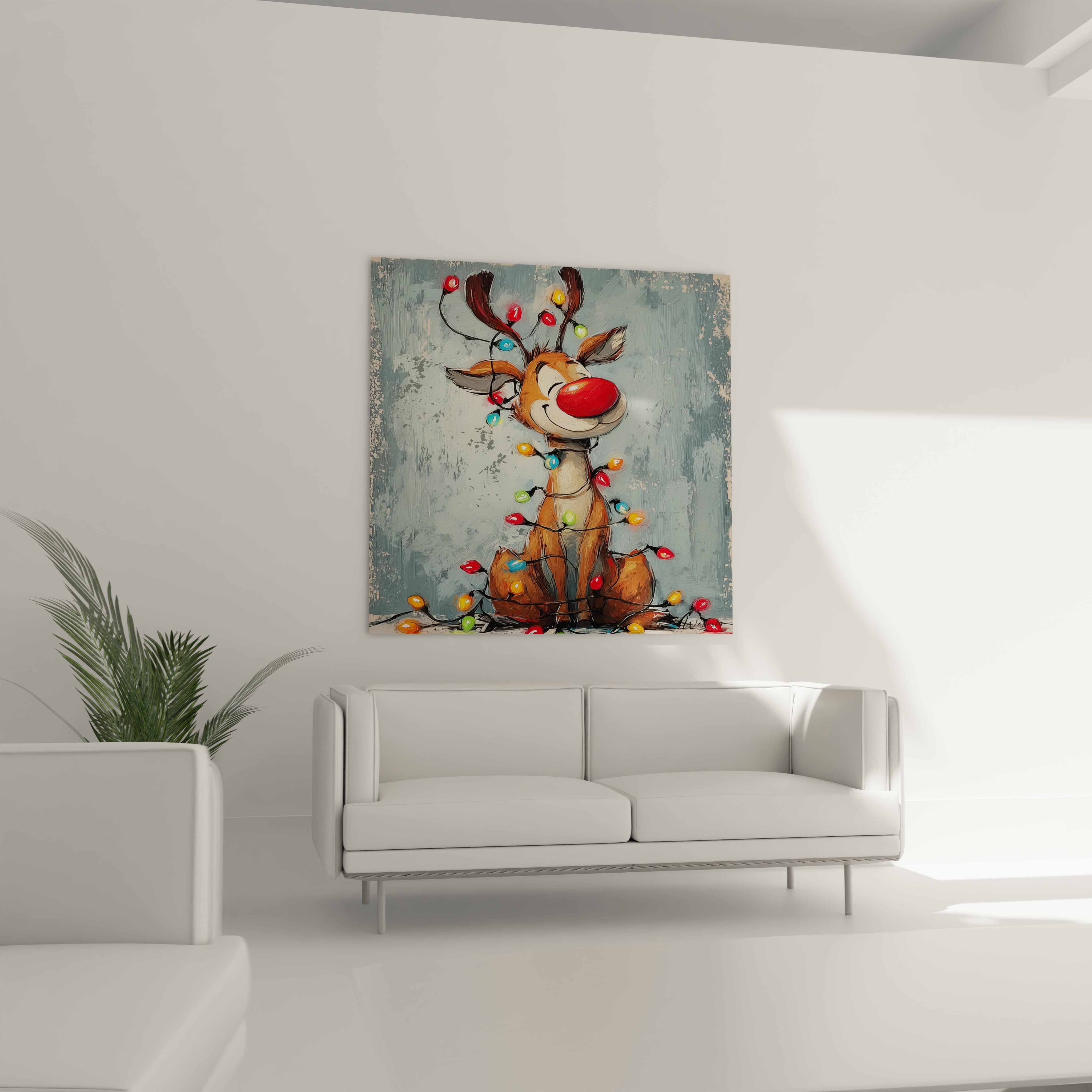 Tableau mural renne Noël décoré de lumières colorées pour une ambiance festive