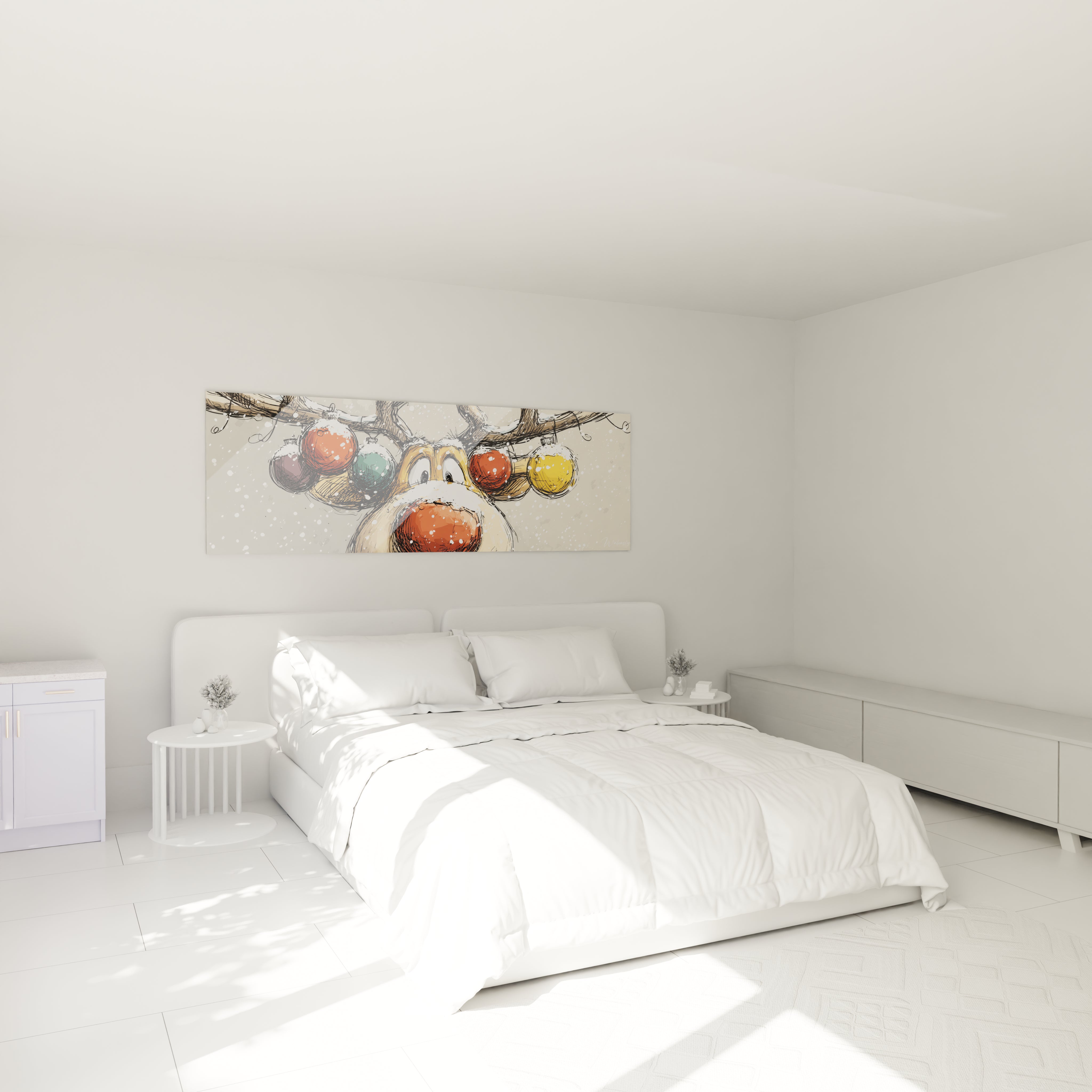 Tableau mural renne Noël avec des boules colorées sur un fond neigeux, parfait pour la décoration festive.