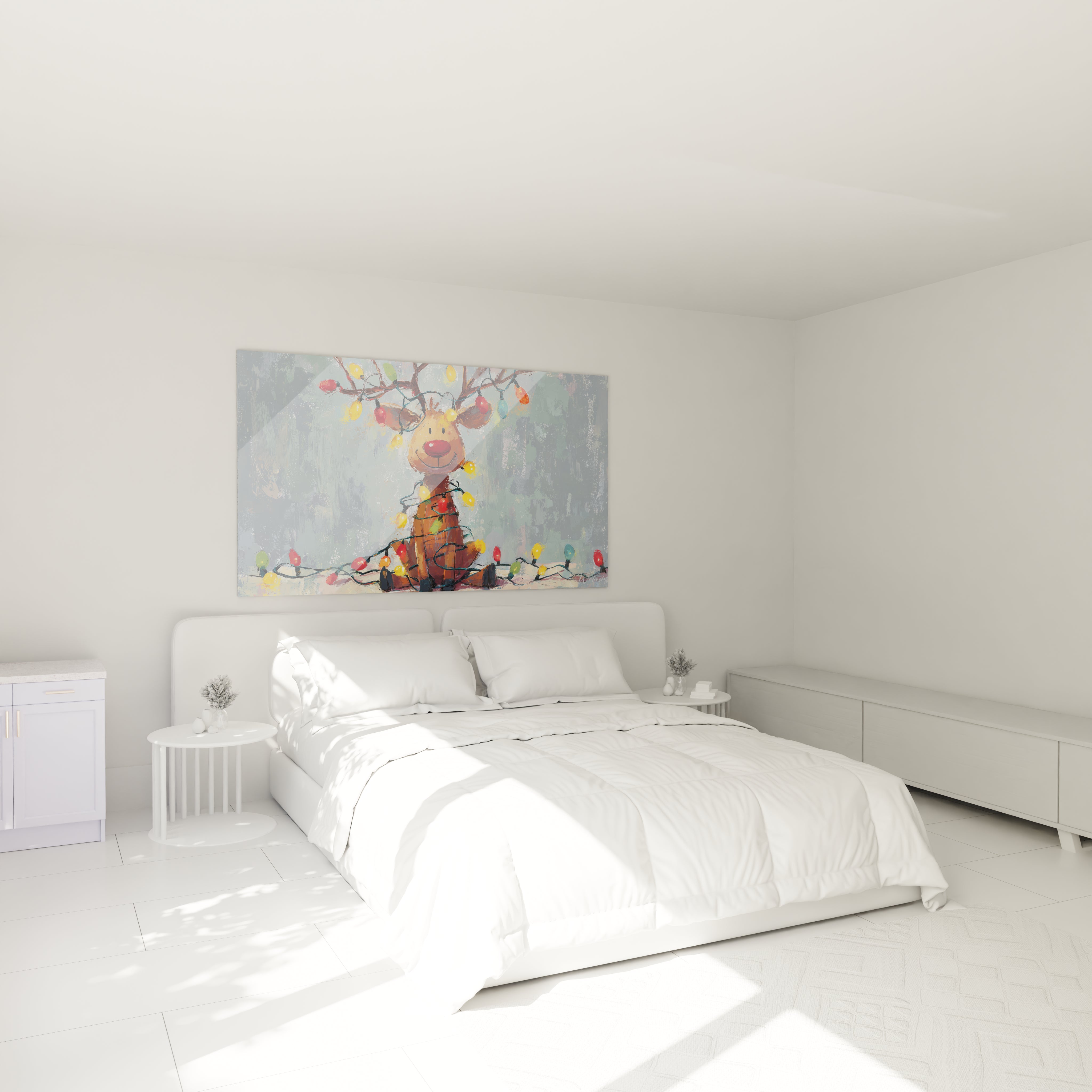 Tableau mural renne Noël de Walensky, décoré avec des lumières festives dans une chambre moderne