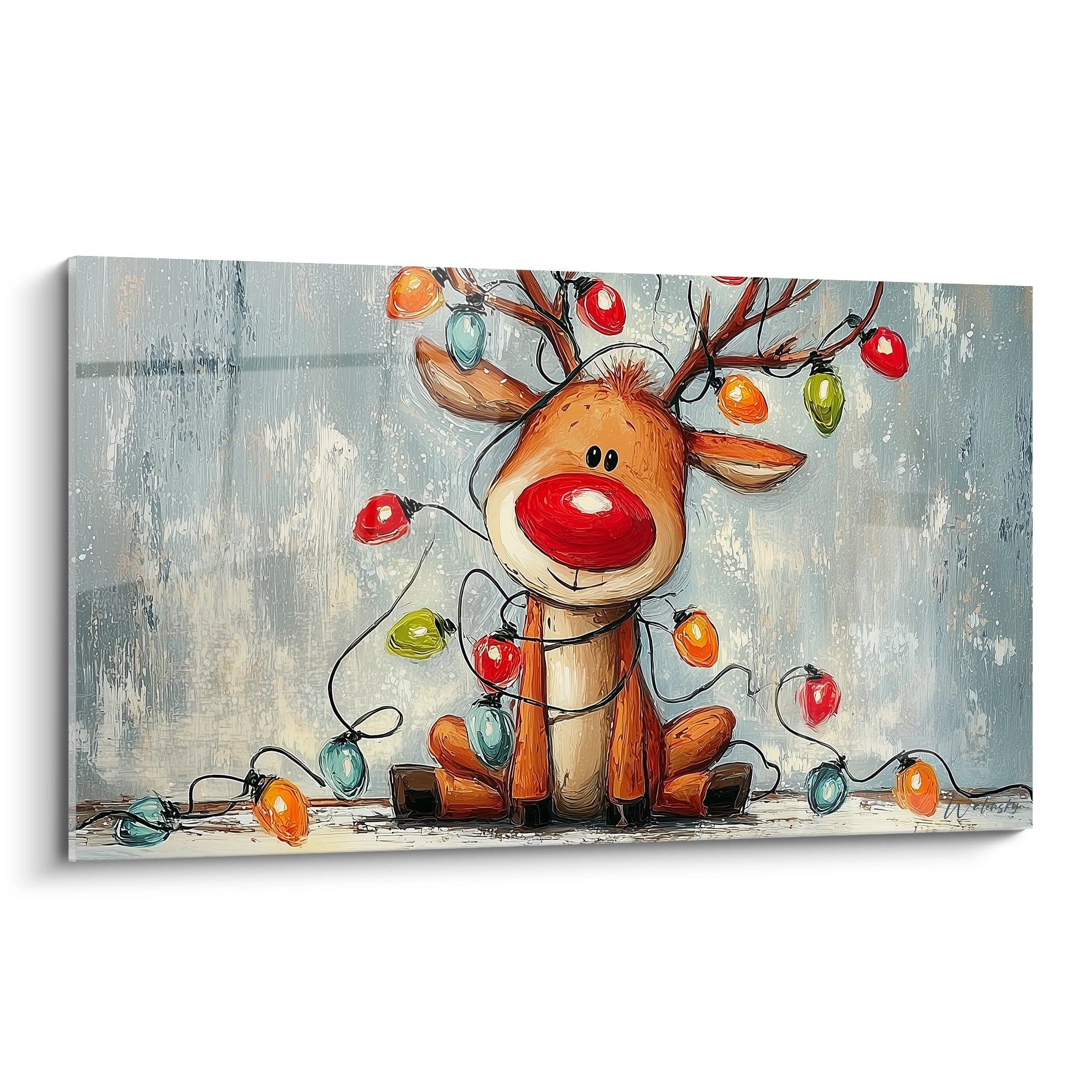 Tableau renne Noël décoration murale avec guirlande lumineuse colorée et fond vintage
