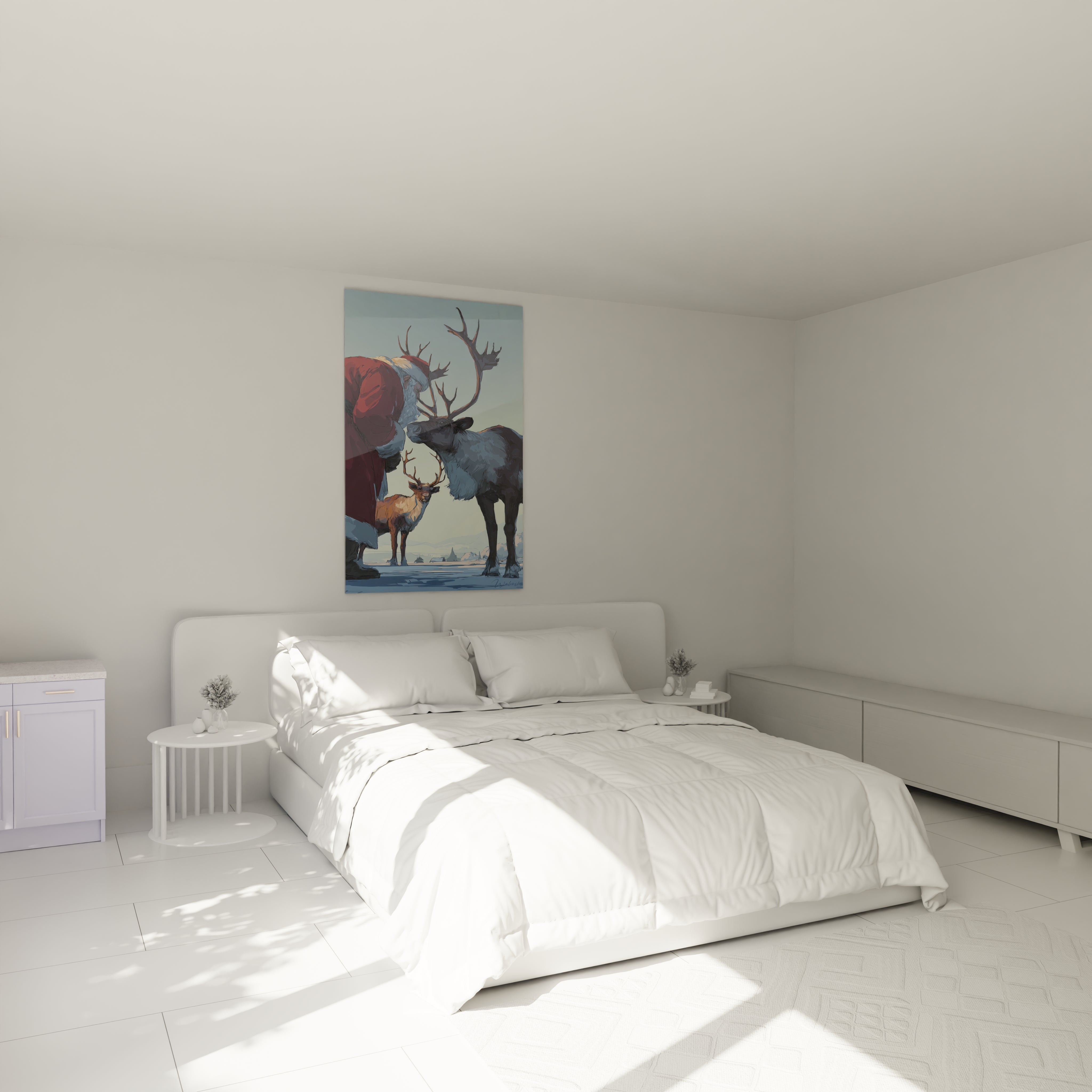 Tableau mural haut de gamme représentant un renne de Noël sur un mur lumineux dans une chambre moderne