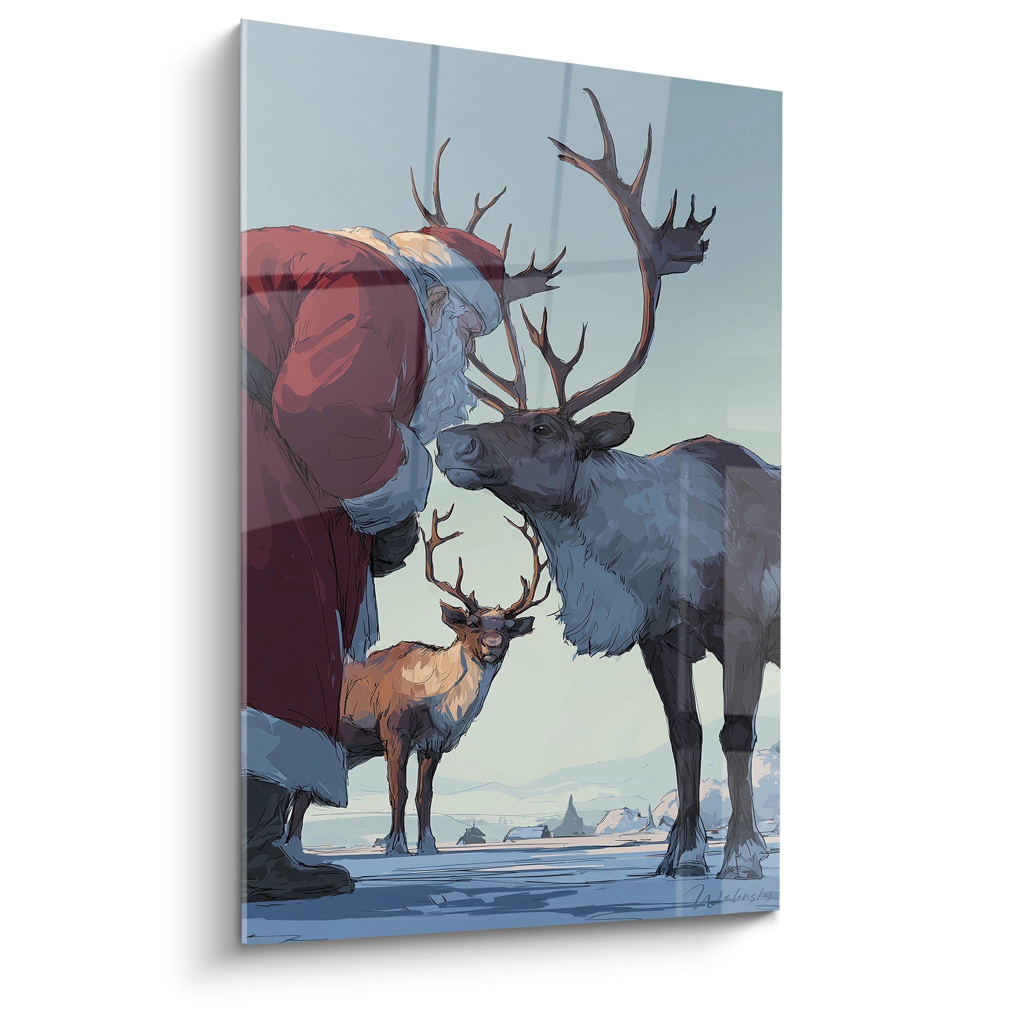 Tableau renne Noël haut de gamme représentant un Père Noël avec des rennes dans un paysage hivernal