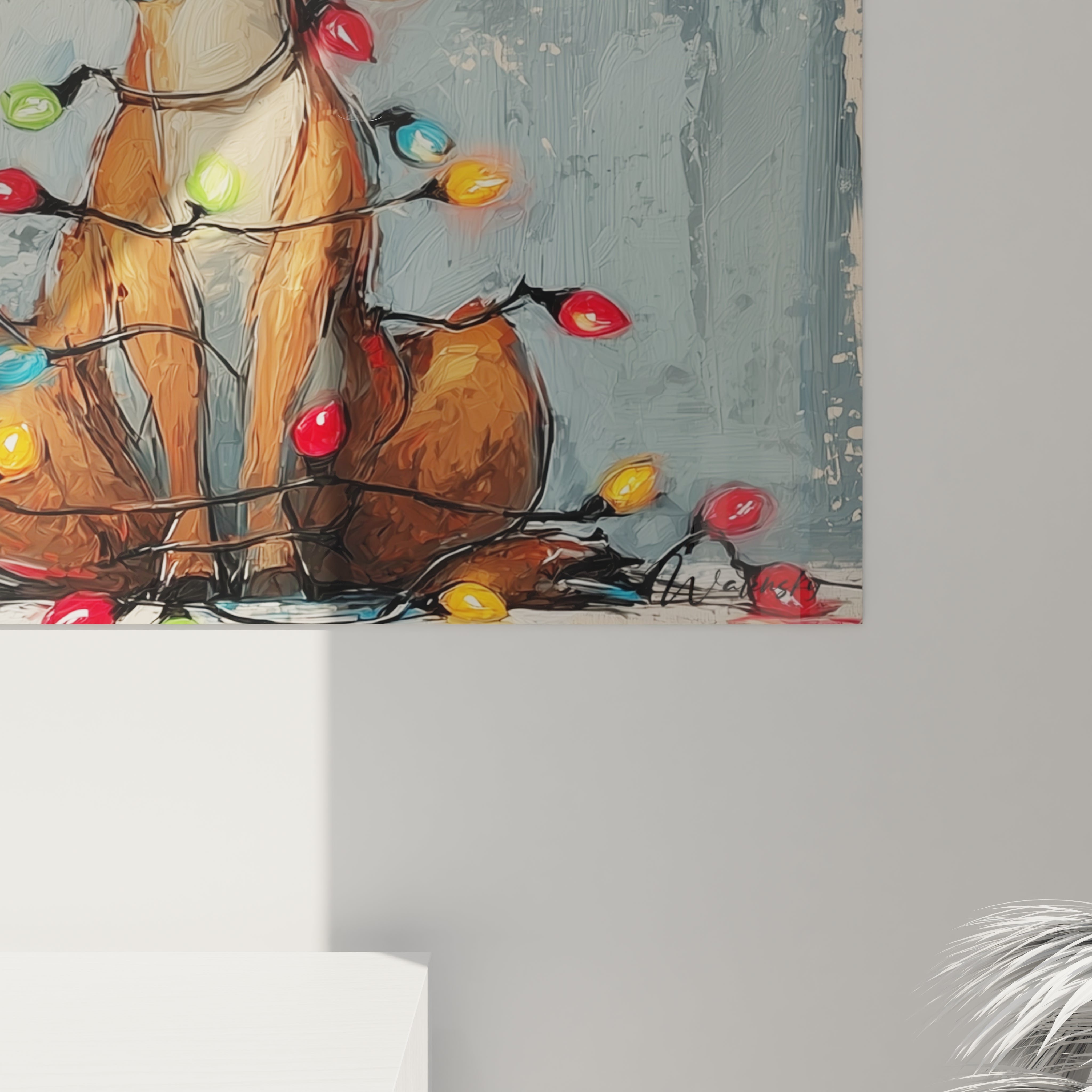Tableau mural renne Noël décoré de lumières colorées pour une ambiance festive