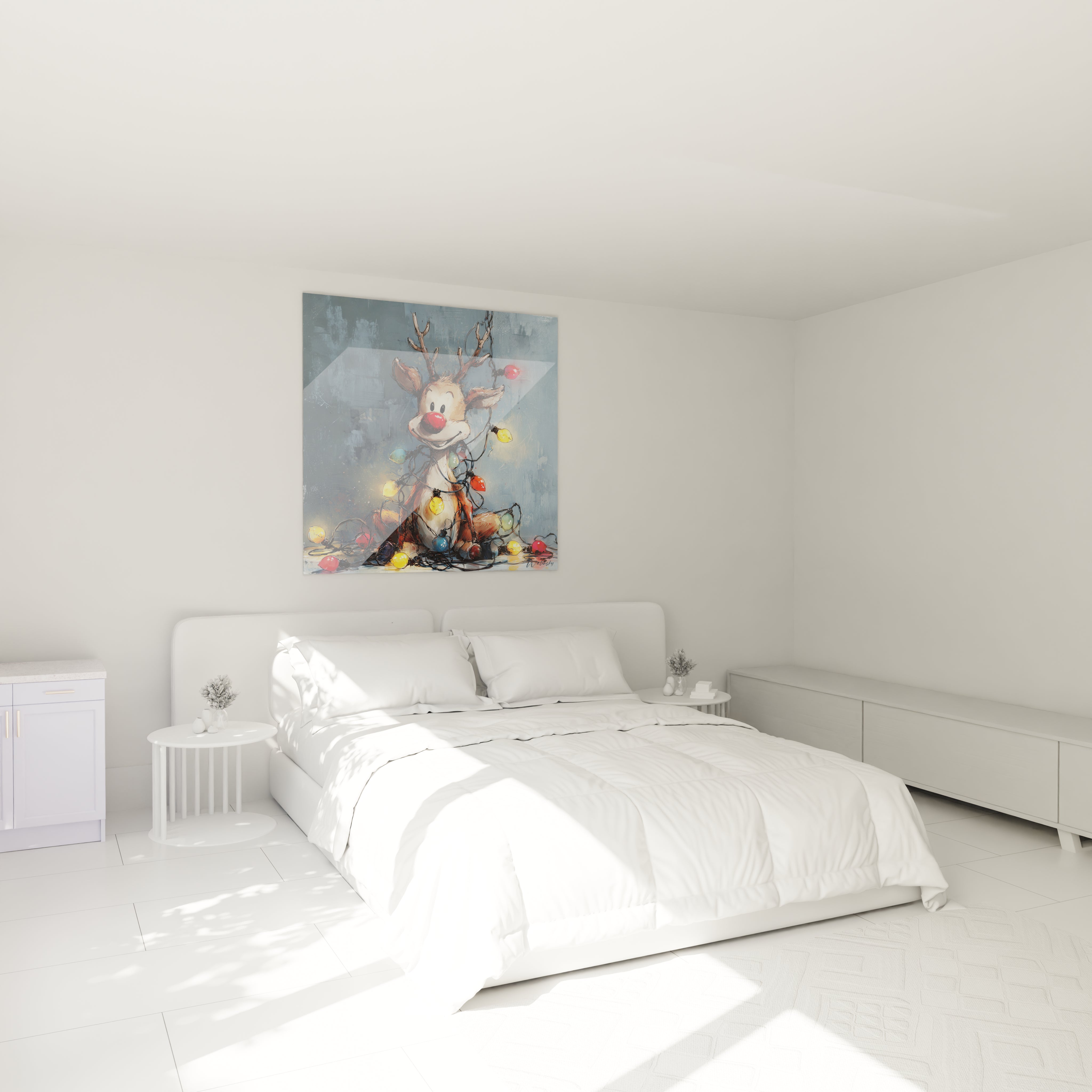 Tableau mural avec un renne Noël lumineux décorant une chambre moderne et lumineuse