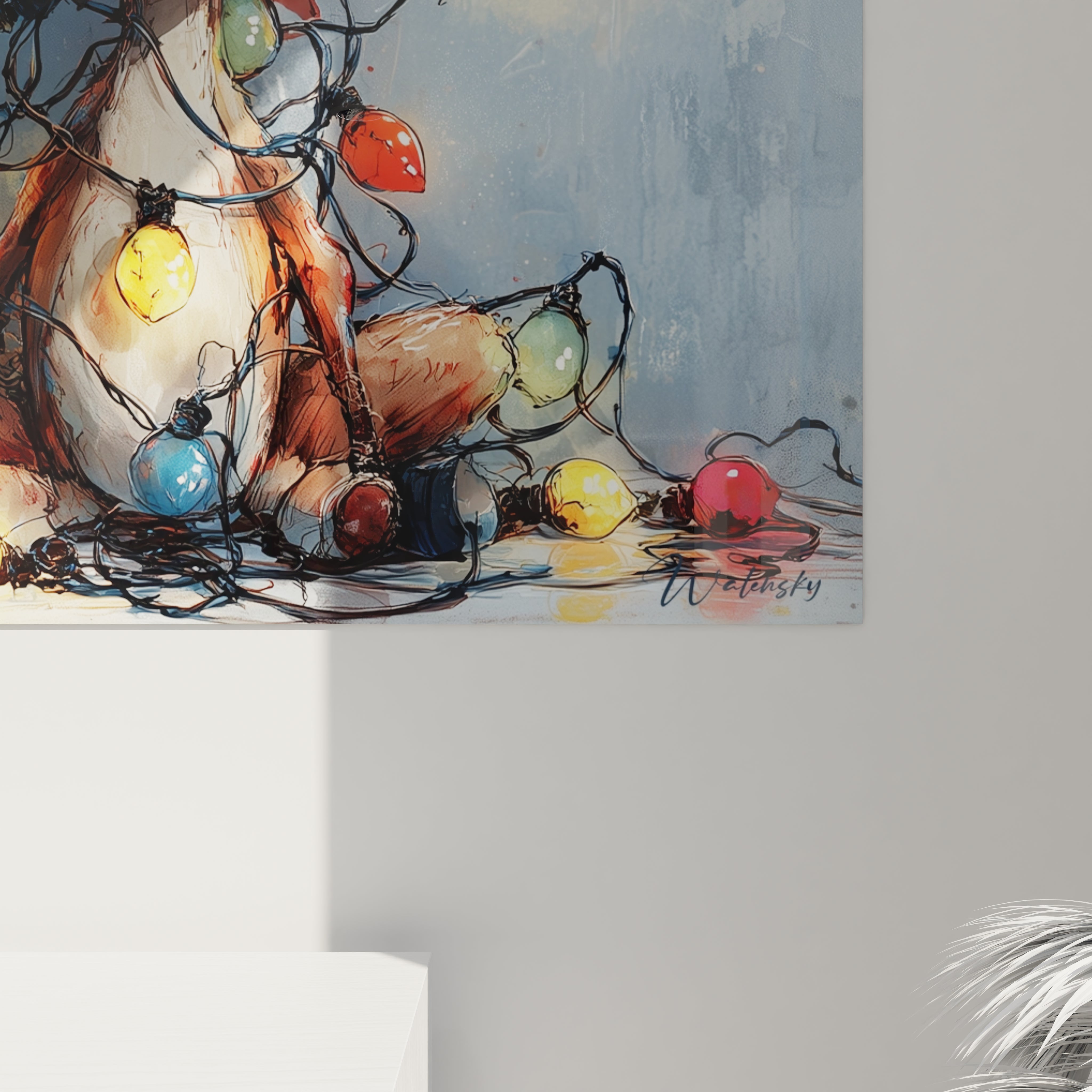 Tableau mural renne Noël lumineux avec décorations colorées pour une ambiance festive
