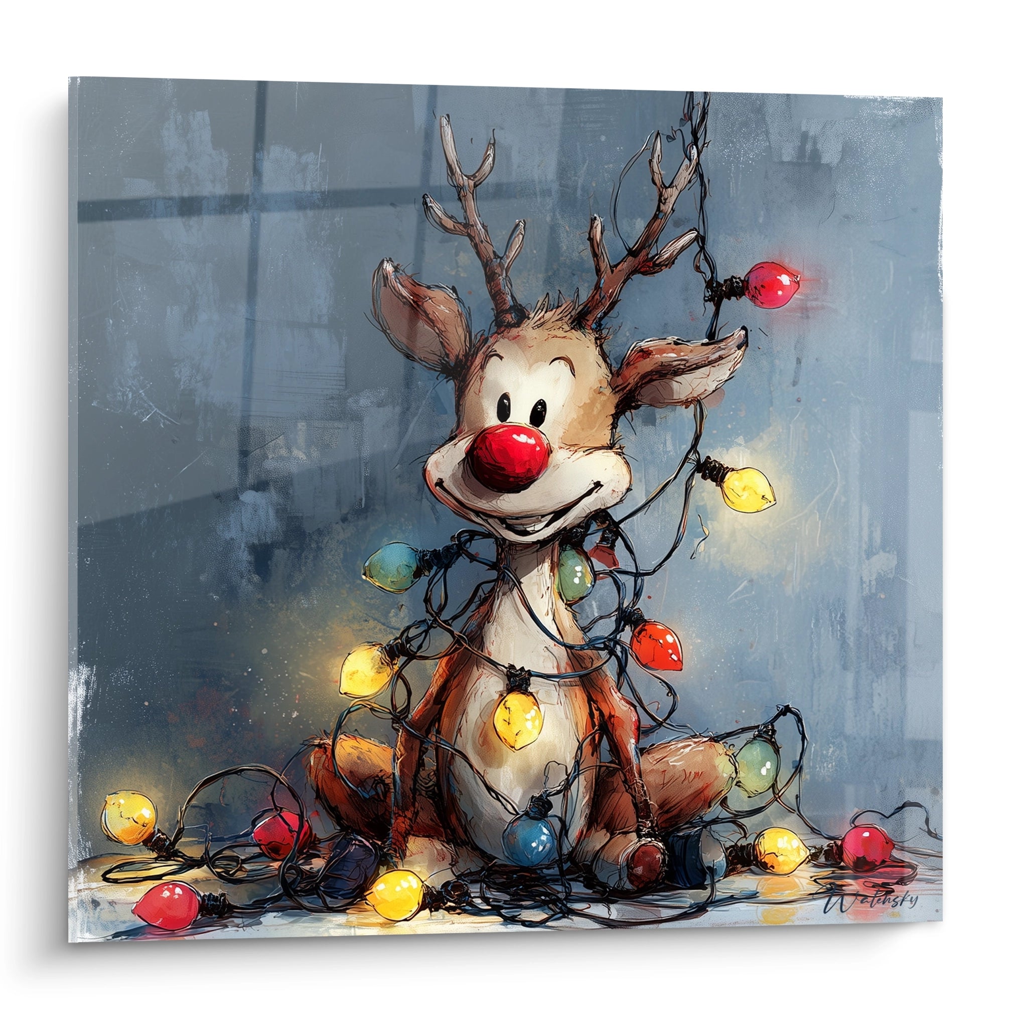 Tableau mural renne Noël lumineux avec des guirlandes lumineuses colorées et un sourire joyeux