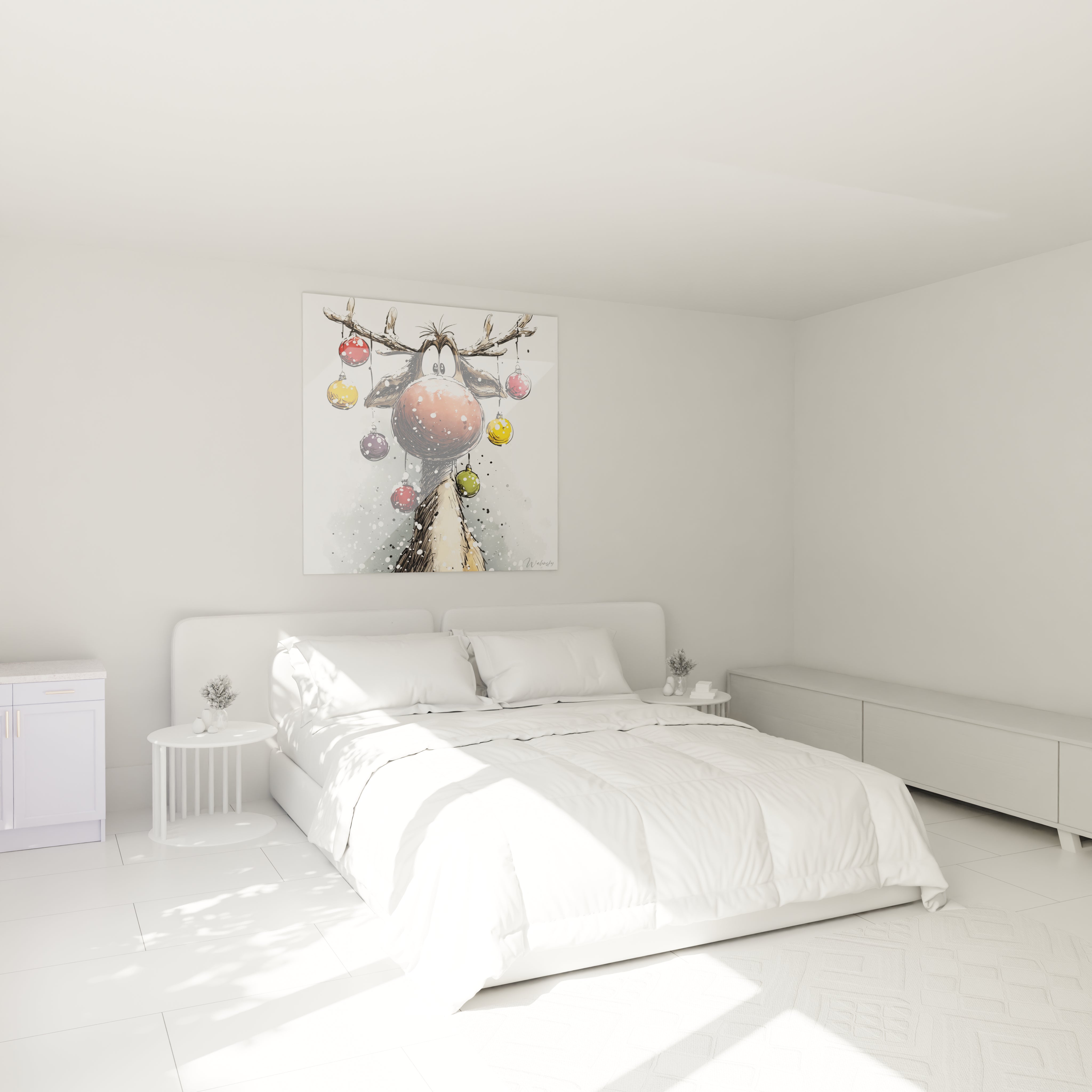 Tableau renne Noël mural de Walensky dans une chambre lumineuse avec lit double