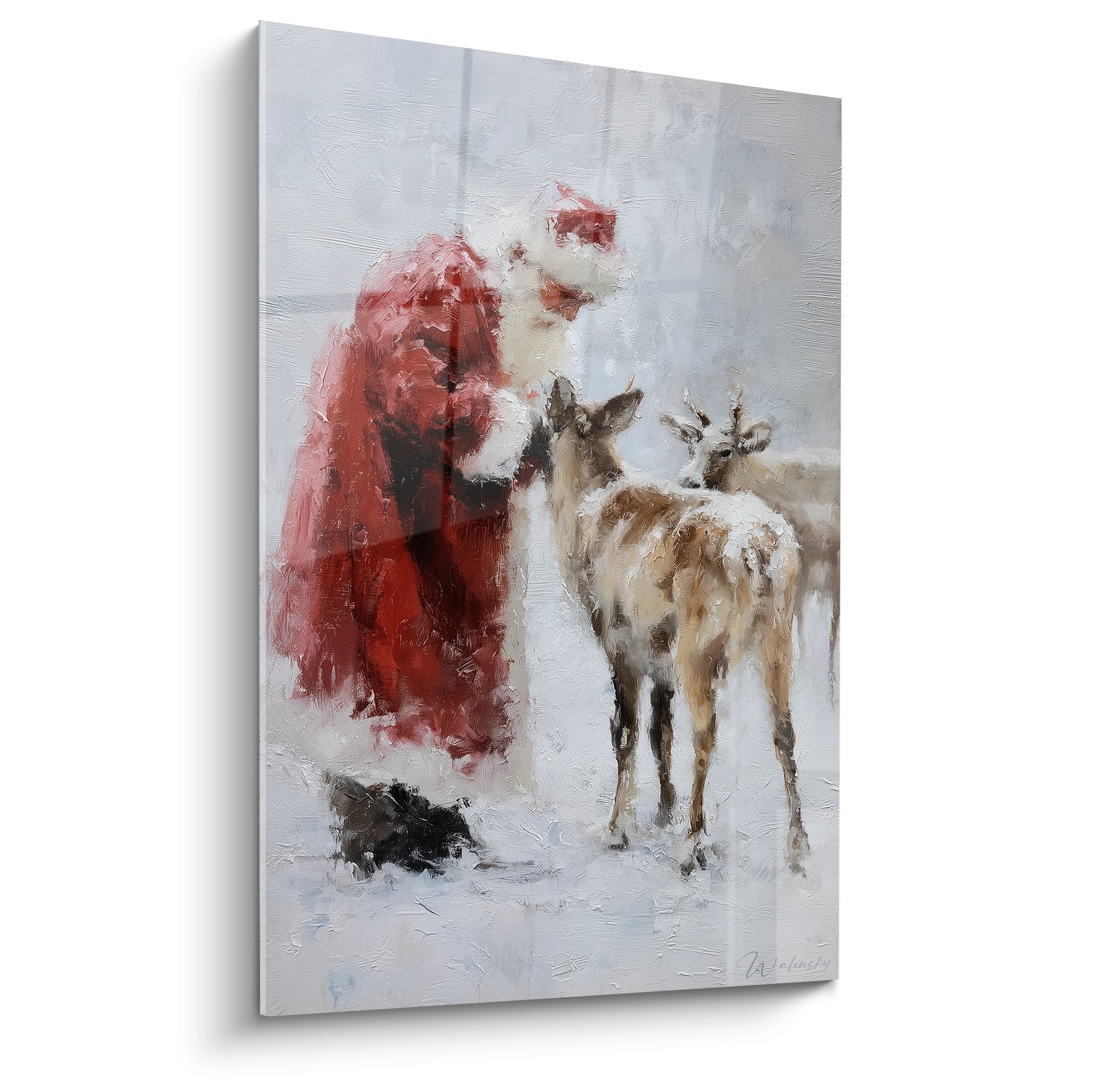 Tableau mural renne Noël avec un Père Noël interagissant avec des rennes dans la neige