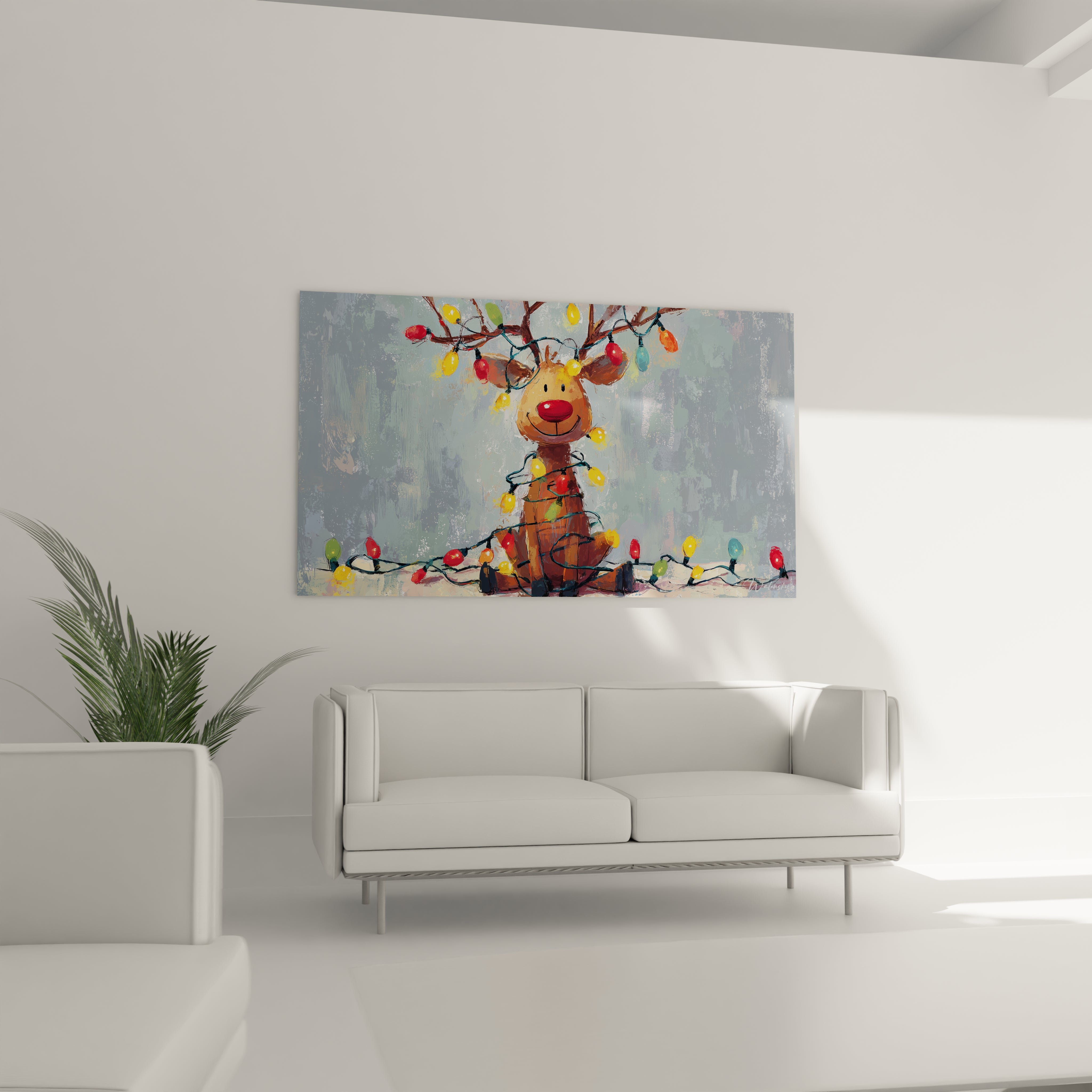 Tableau mural renne Noël décoré de lumières colorées pour embellir votre intérieur festif