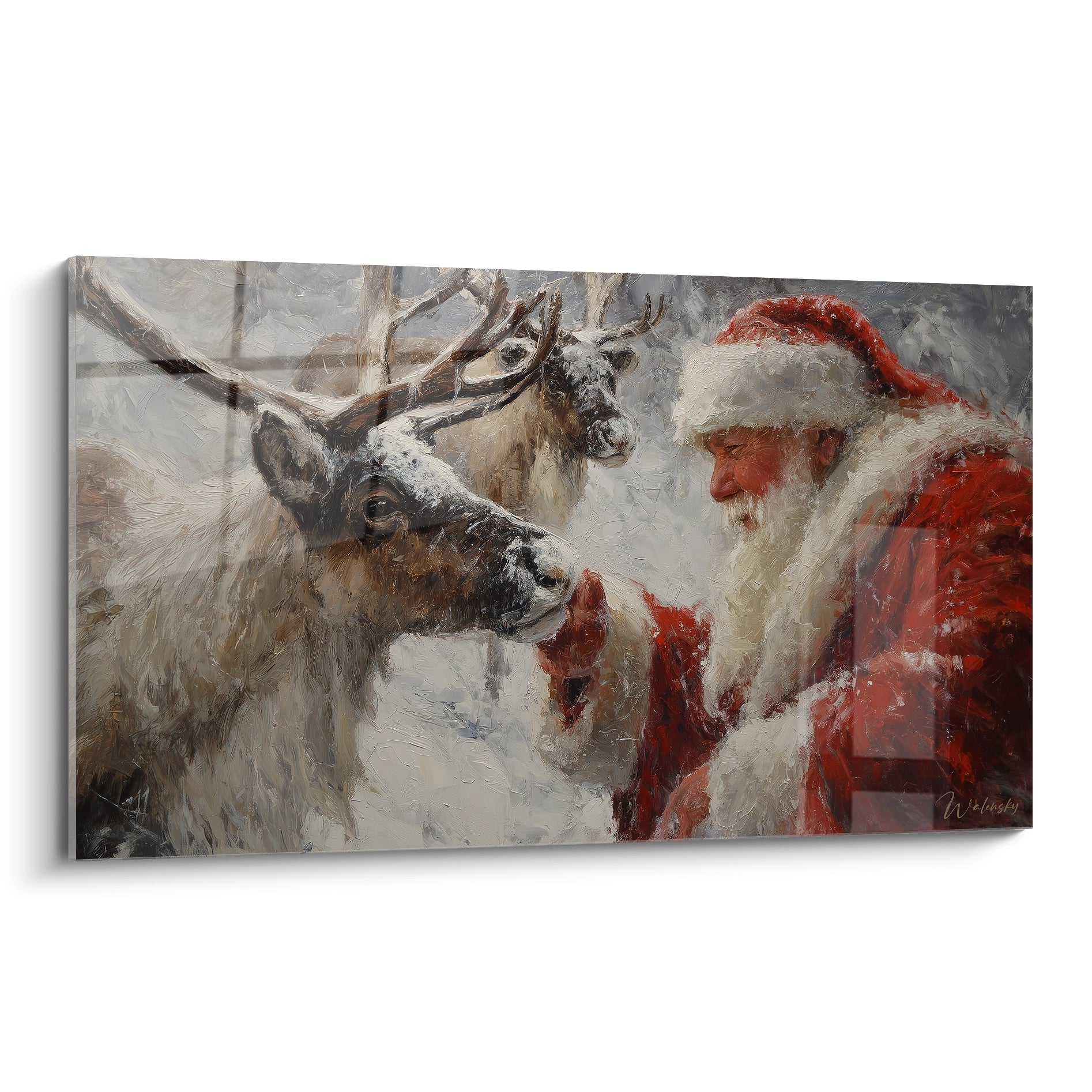 Tableau mural représentant un renne de Noël avec le Père Noël dans une scène hivernale féerique