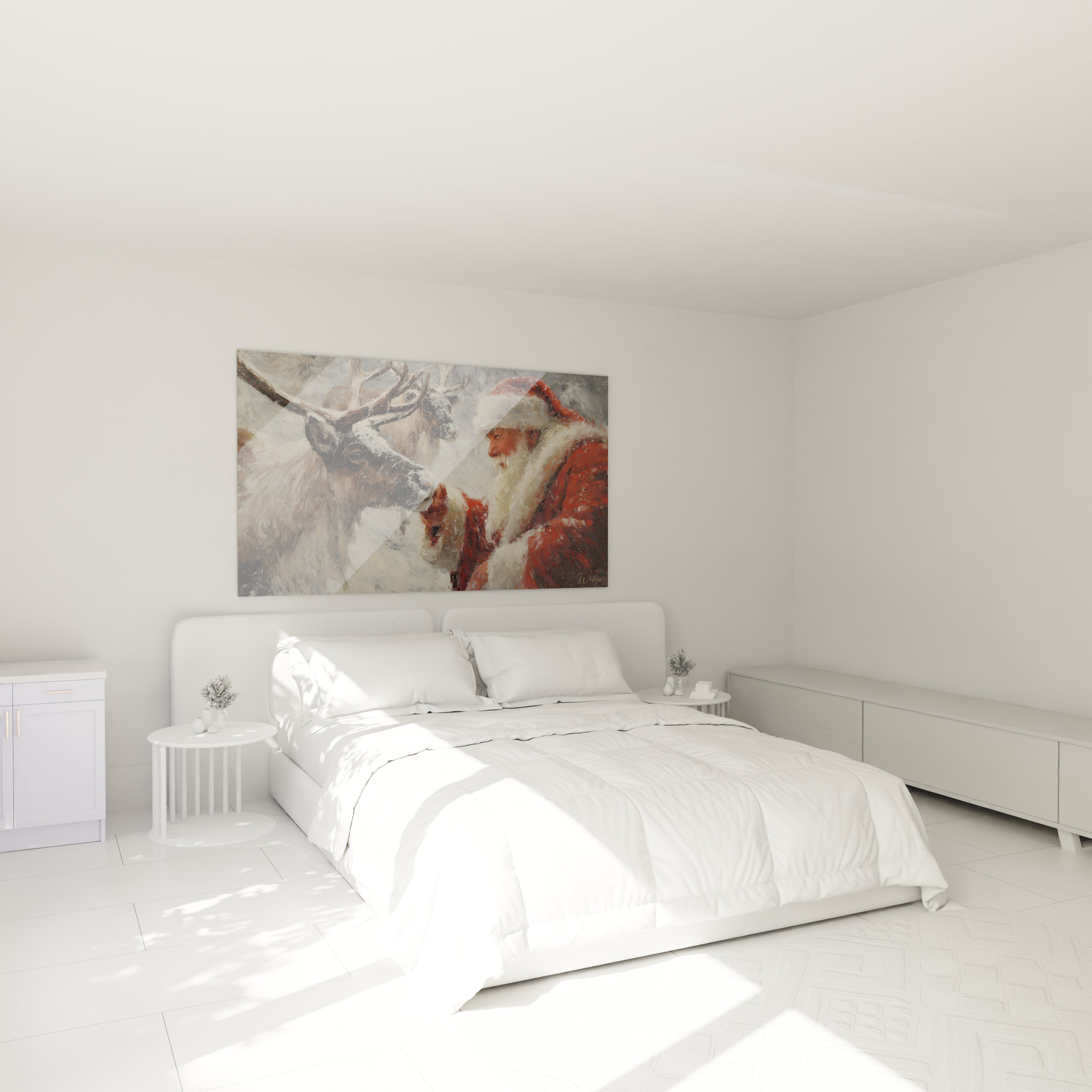 Tableau mural renne Noël avec un Père Noël dans une chambre moderne et lumineuse