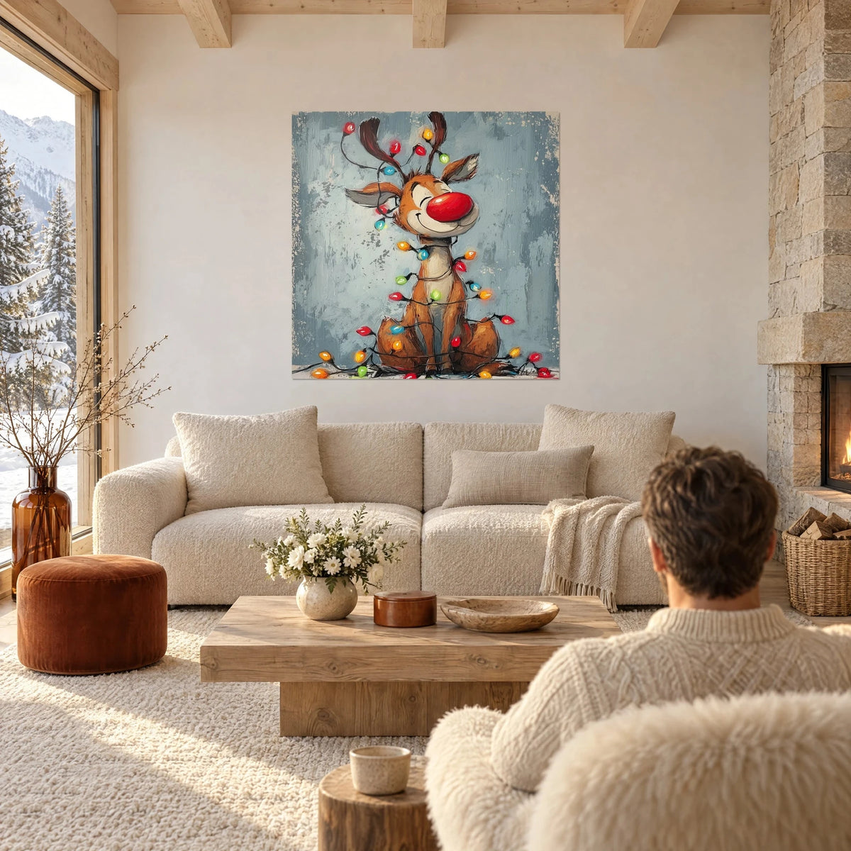 Wall art of a cheerful reindeer with a bright red nose, string of multicolored bulb lights on a blue-grey background, above a sofa in a bright living room