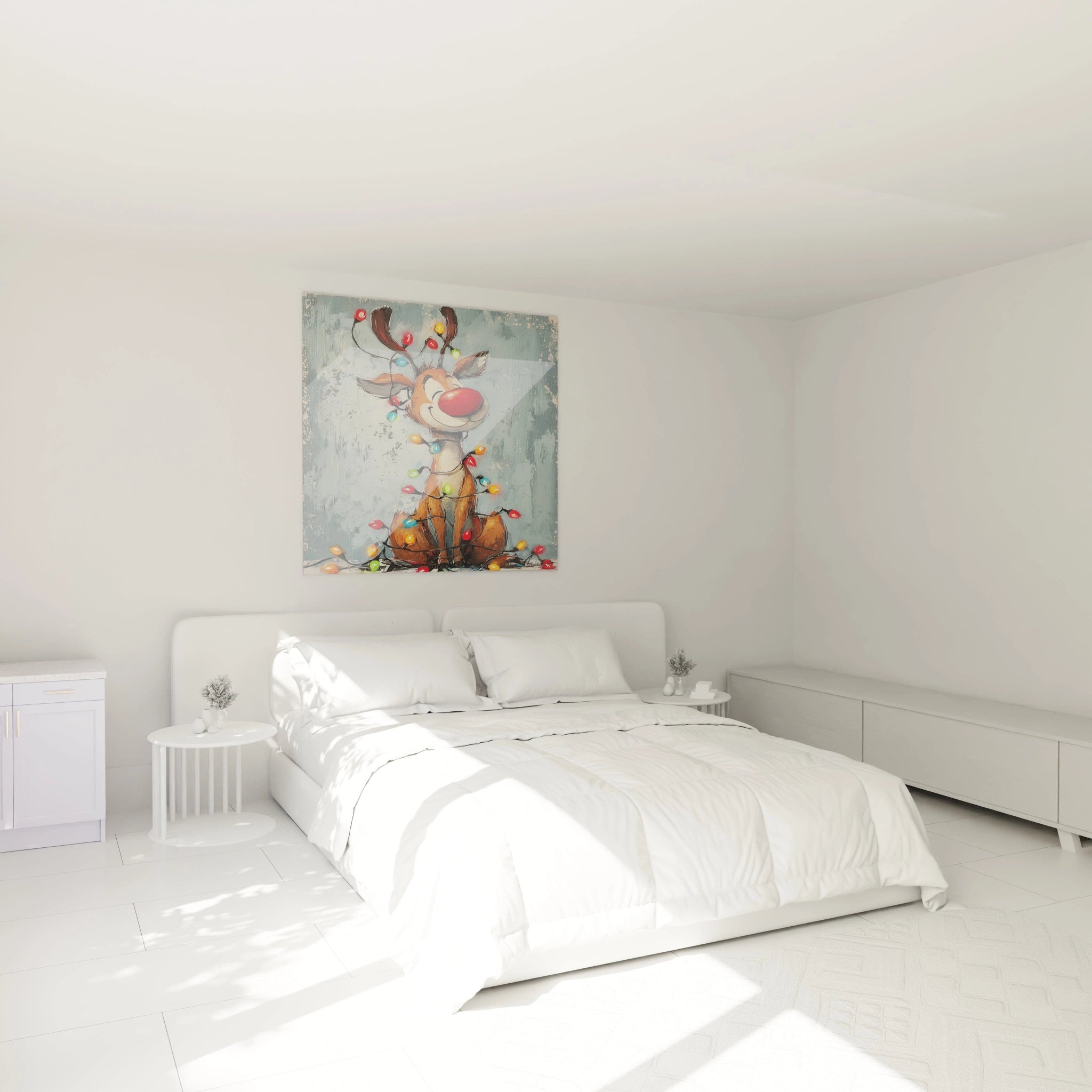 Tableau mural renne Noël de Walensky décorant une chambre moderne avec des couleurs apaisantes