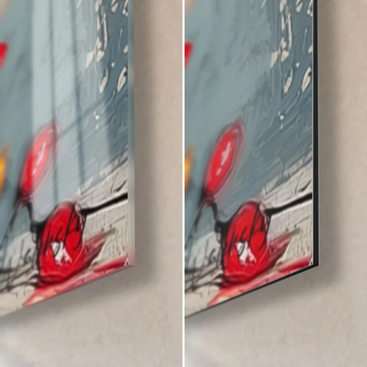 Wall art of a reindeer wrapped in lights, bottom right corner: red bulb and black cord, glossy acrylic glass on the left, matte Dibond on the right, 3 mm edge