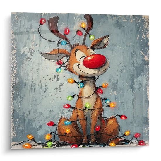 Wandbild Rentier Weihnachten lächelnd dekoriert mit bunten leuchtenden Lichterketten für die Feiertage