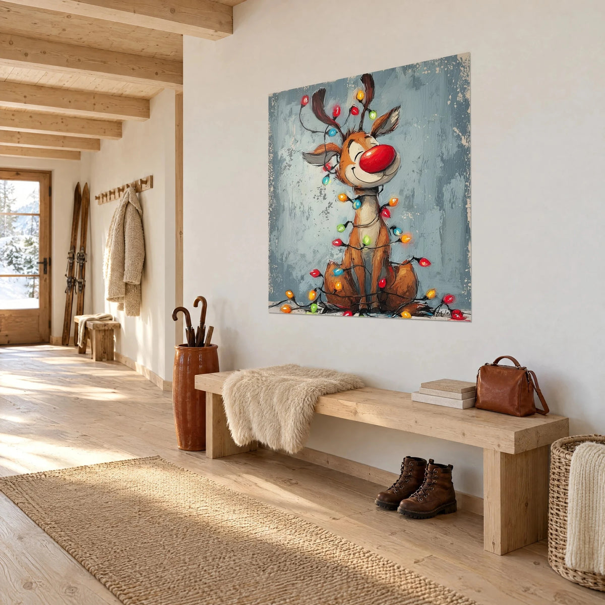 Wall art of Christmas reindeer in thick impasto paint, reddish-brown coat and cream muzzle, green and orange lights, entrance of a light wood chalet