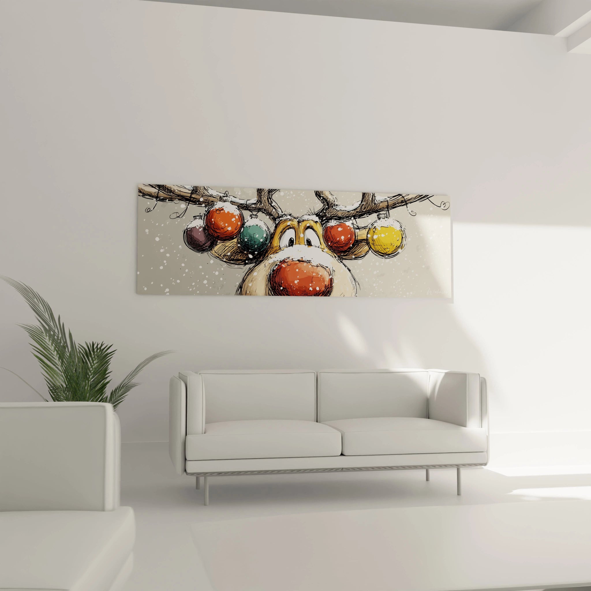 Tableau mural renne Noël avec un nez rouge et des boules colorées sur des branches