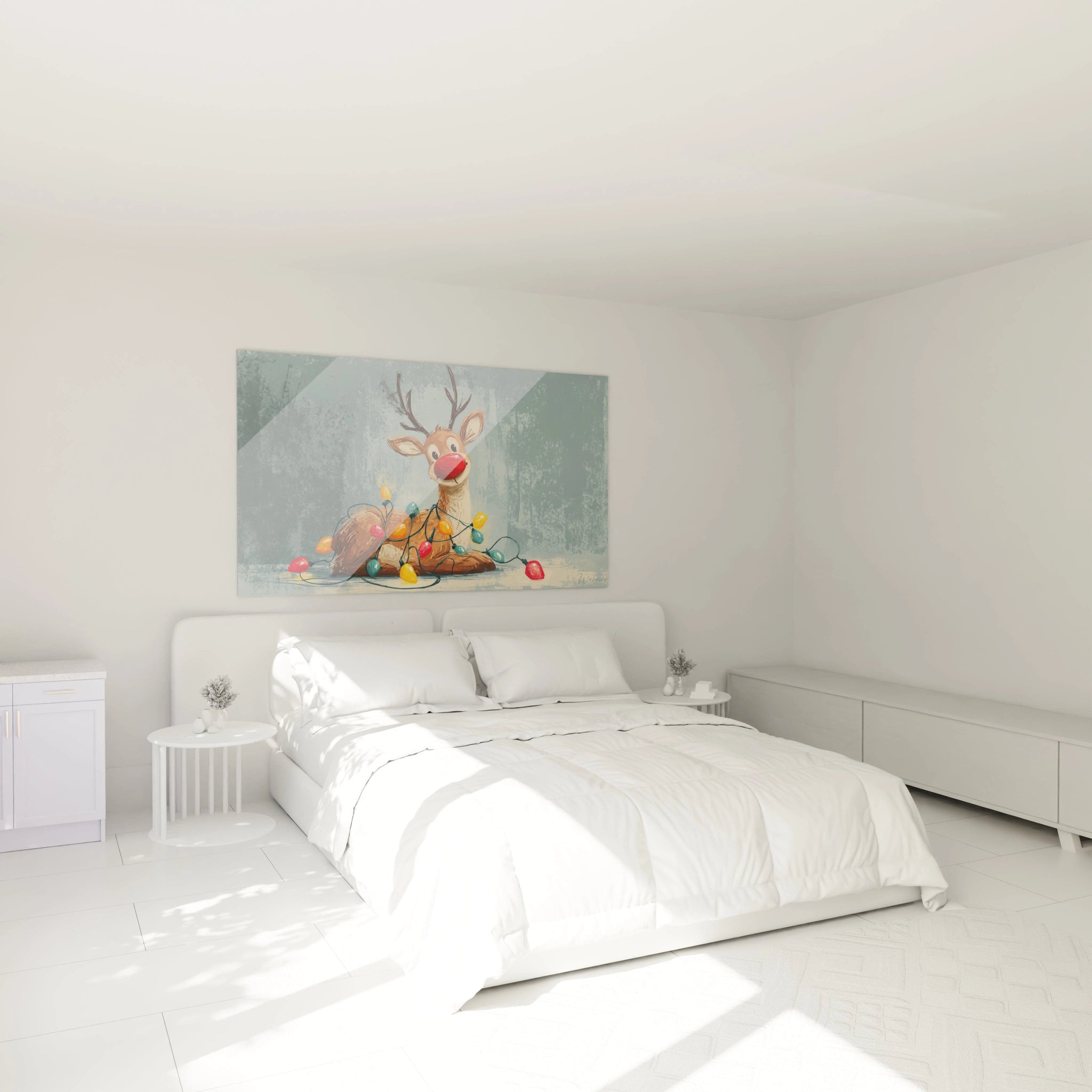 Tableau renne de Noël mural coloré avec des décorations festives sur un mur blanc