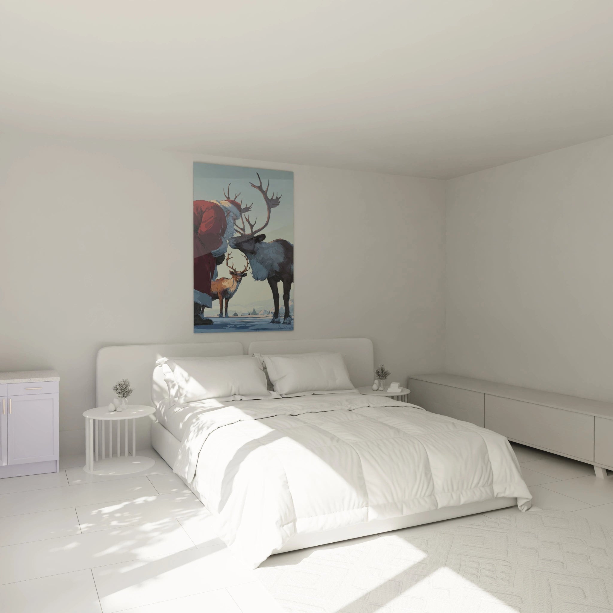Tableau mural haut de gamme représentant un renne de Noël sur un mur lumineux dans une chambre moderne