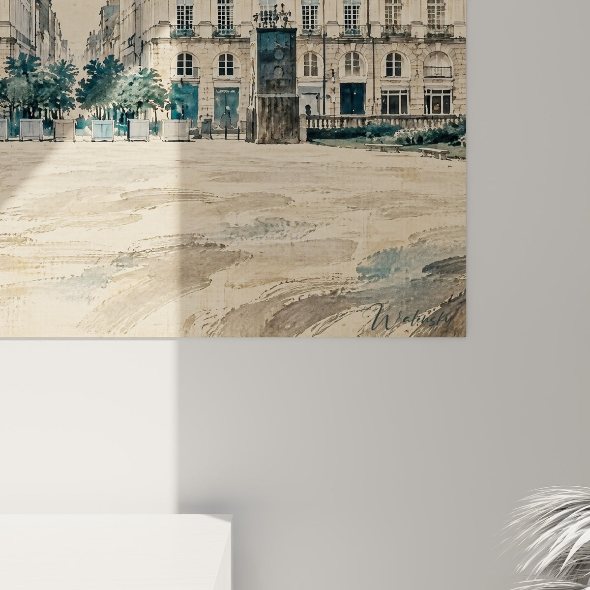 Détail du grain aquarelle sur les façades beige et les nuages bleu gris qui se fondent en touches légères
