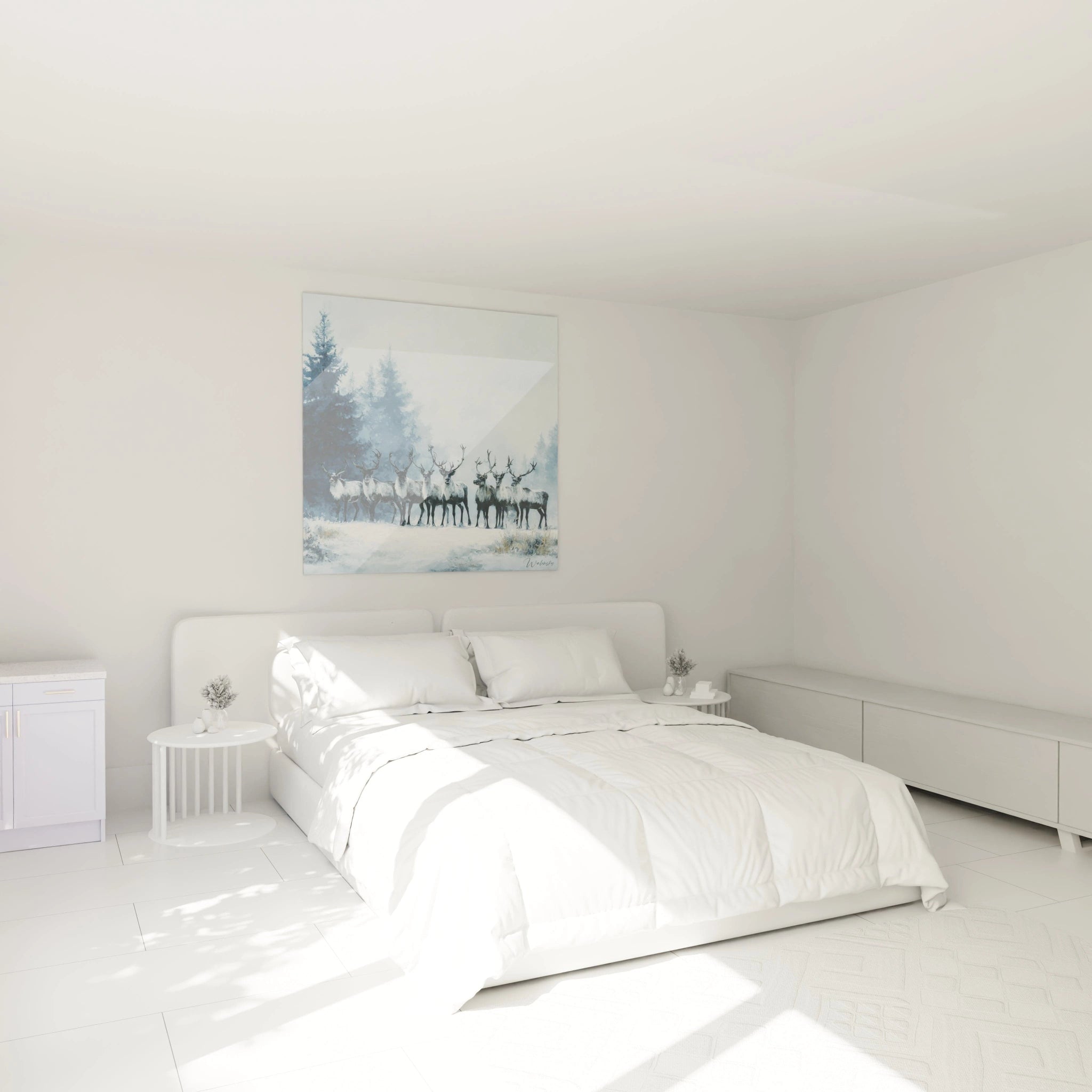 Tableau mural renne Noël de Walensky avec une scène hivernale apaisante dans une chambre moderne