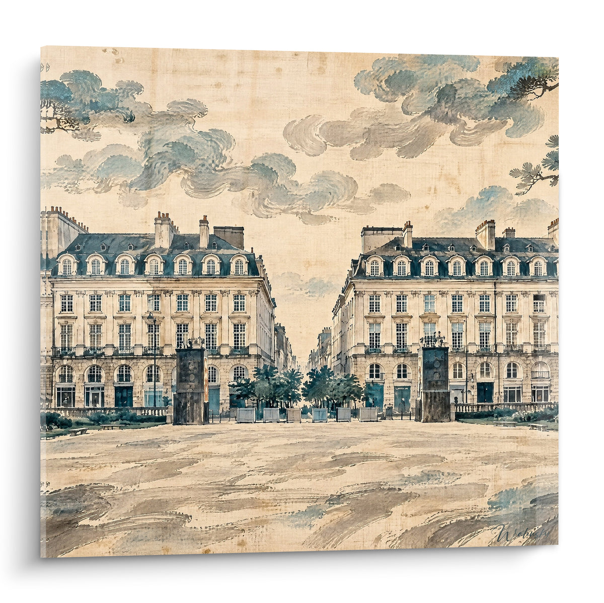 Place aux façades beige symétriques et ciel de nuages bleu gris, style aquarelle ancienne