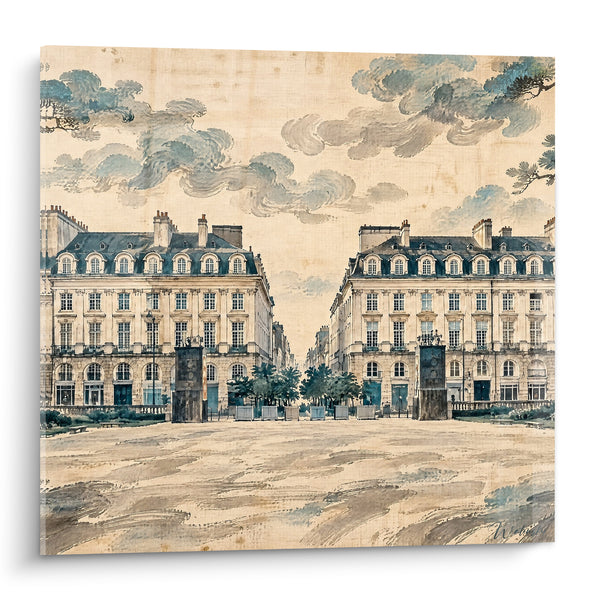 Tableau Place symétrique aux façades beige et bleues - Majesté d'antan - Edition Rennes  Bretagne  France