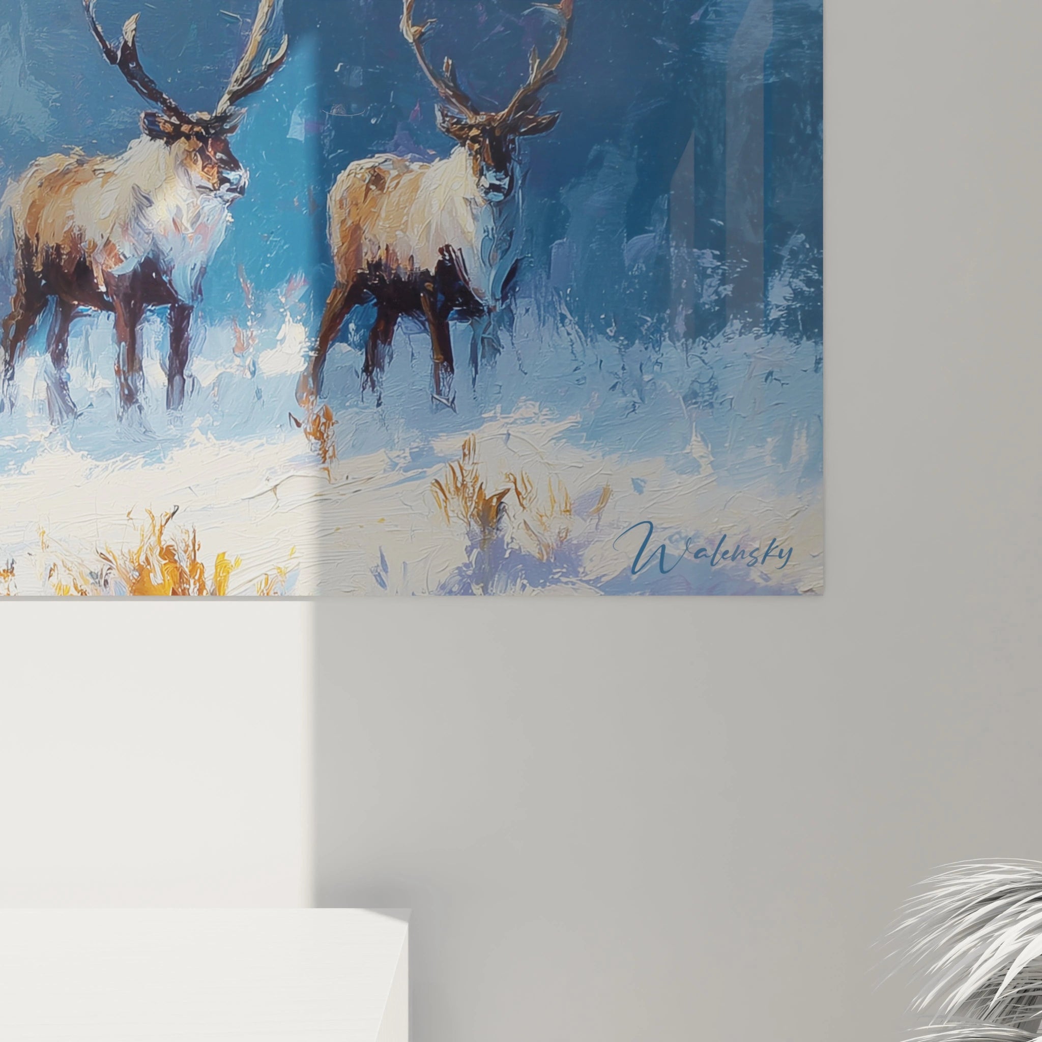Tableau mural rennes Noël de Walensky, représentant des rennes dans un paysage hivernal féerique
