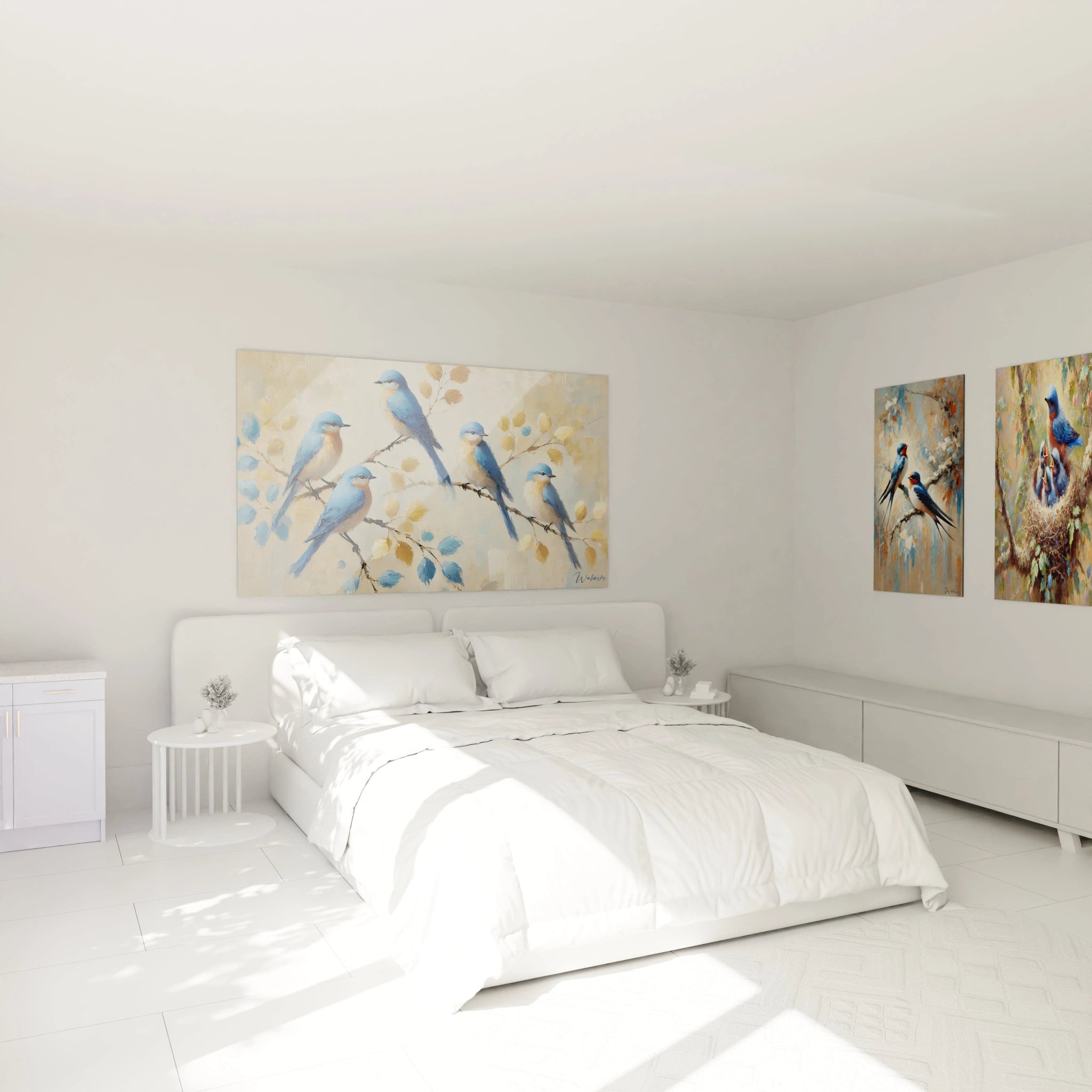 "Accroche au-dessus d'un lit, ce tableau oiseaux ajoute une touche de tranquillite. Les teintes douces et le contraste subtil des oiseaux creent une ambiance apaisante pour une decoration elegante."

