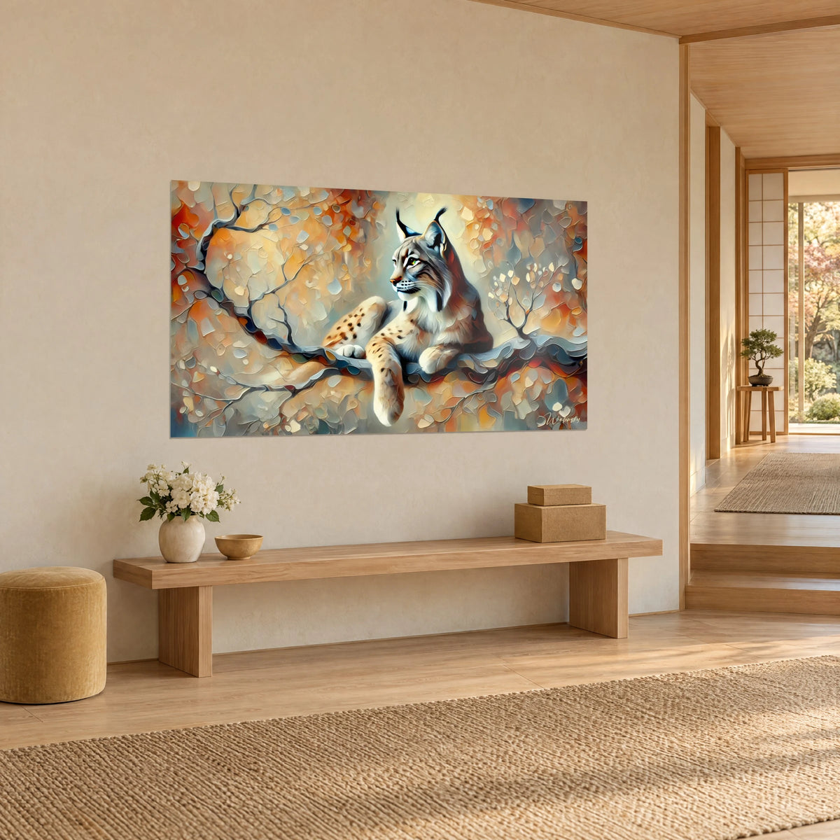 Schilderij gevlekte wilde kat liggend op een grijze tak, okerkleurig en lichtblauw loof in dik impasto, driekwart aanzicht in een japandi gang