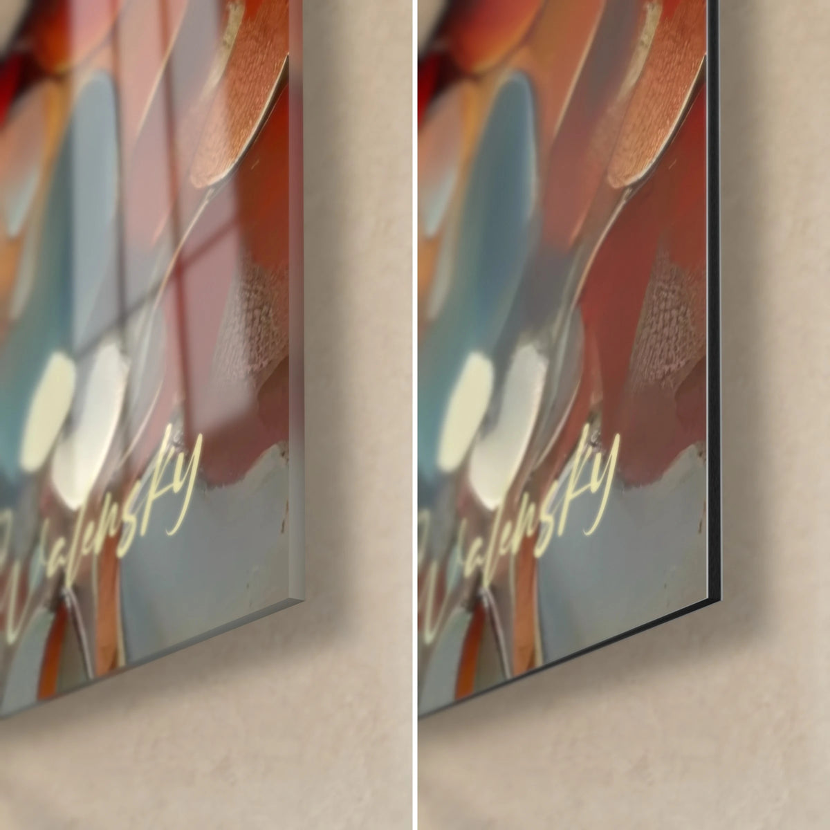 Schilderij wilde kat met groene ogen, rechtsonder: glanzend glas met blauwe en roestkleurige reflecties, mat Dibond, rand van 3 mm