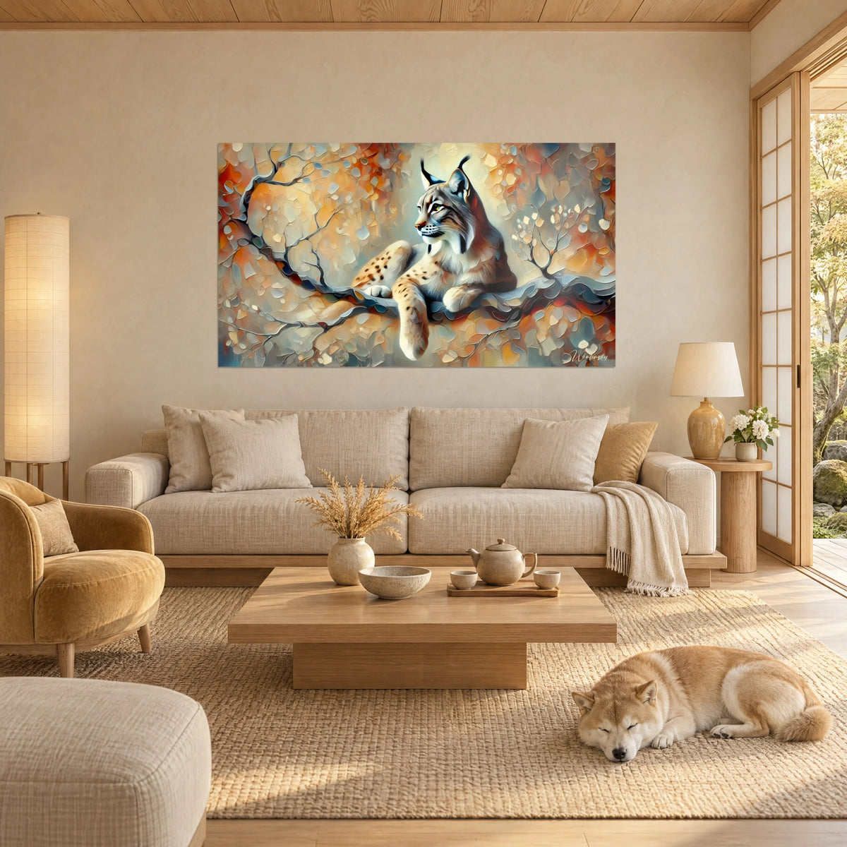 Schilderij lynx met zwarte oorpluimen, crème- en oranje vacht op een tak, slapende Shiba, boven een bank in een lichte woonkamer