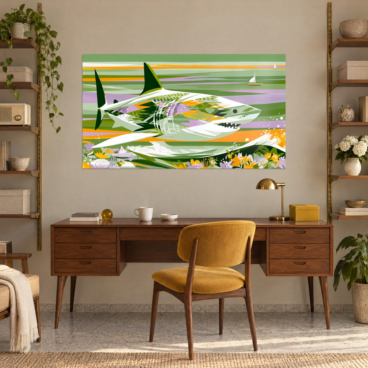 Tableau requin stylisé baignant dans des rayures vertes, mauves et orange, accroché au-dessus d'un bureau en bois entre deux étagères