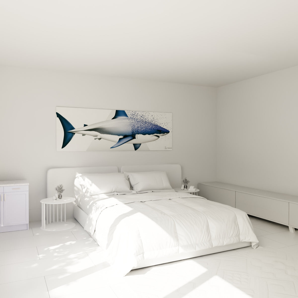 Silhouette de requin bleu marine et anthracite en dispersion, au-dessus d'un lit dans une chambre claire