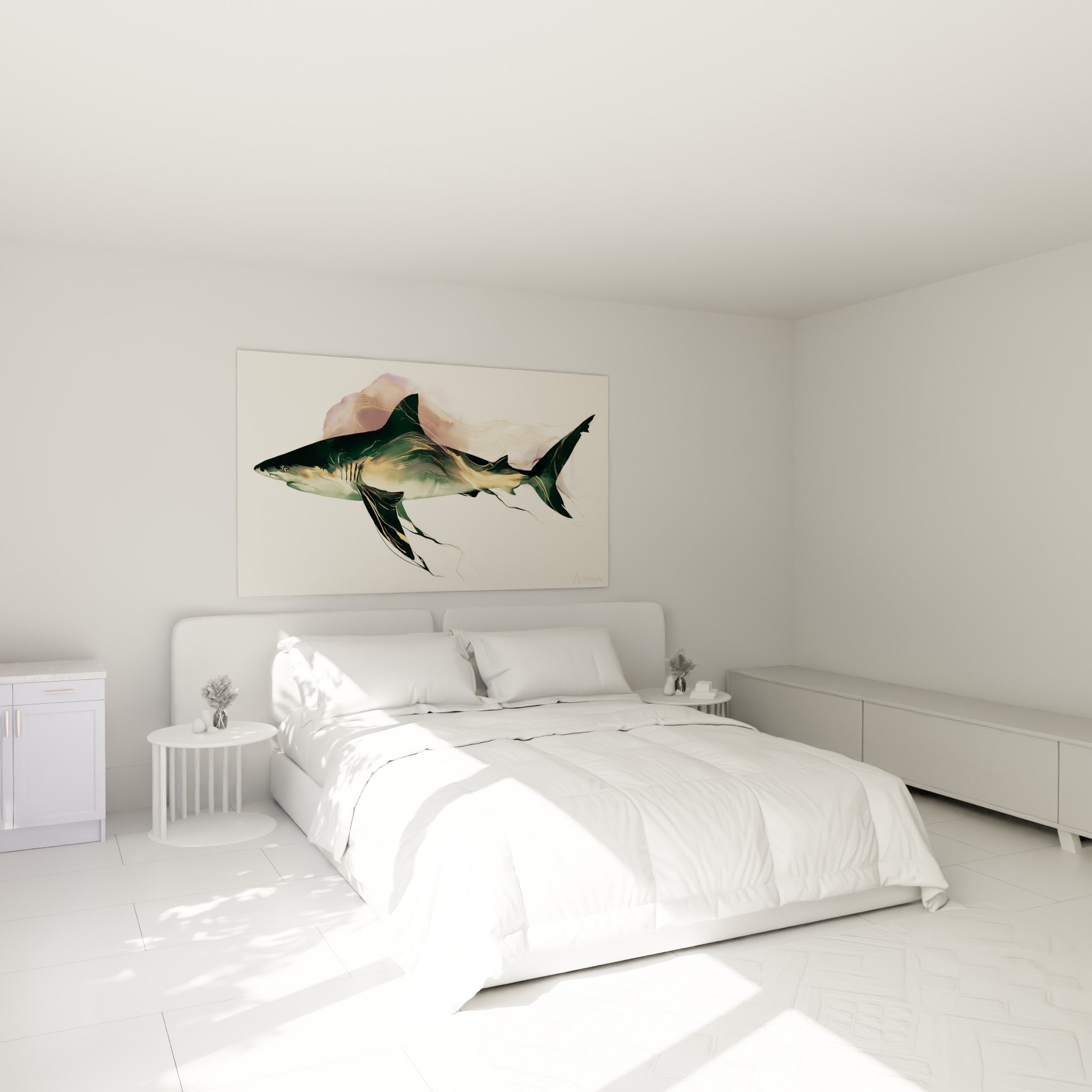 Silhouette du requin anthracite et doré suspendue au-dessus d'un lit dans une chambre claire