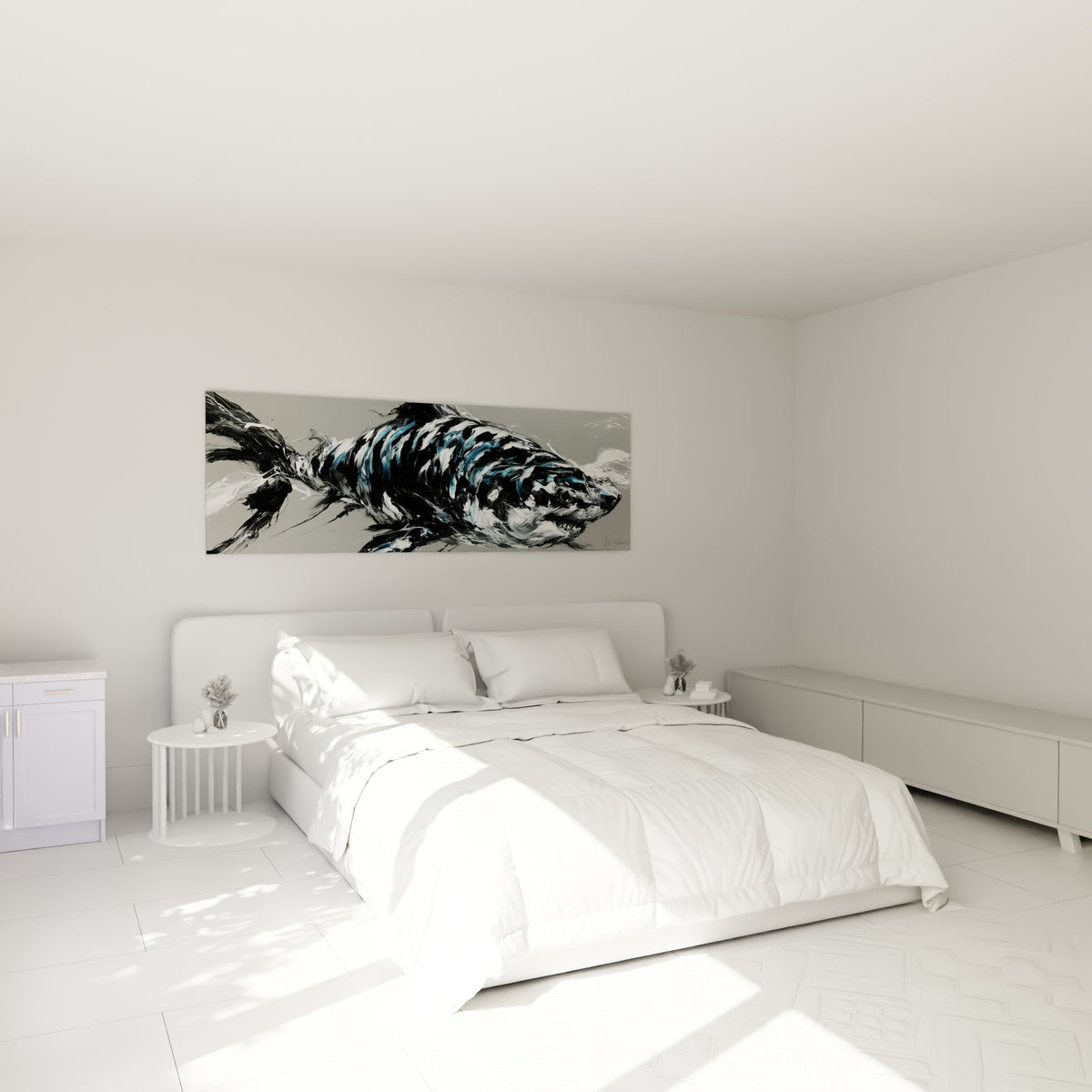 Silhouette de requin noir et blanc traversant la toile au-dessus d'un lit dans une chambre claire