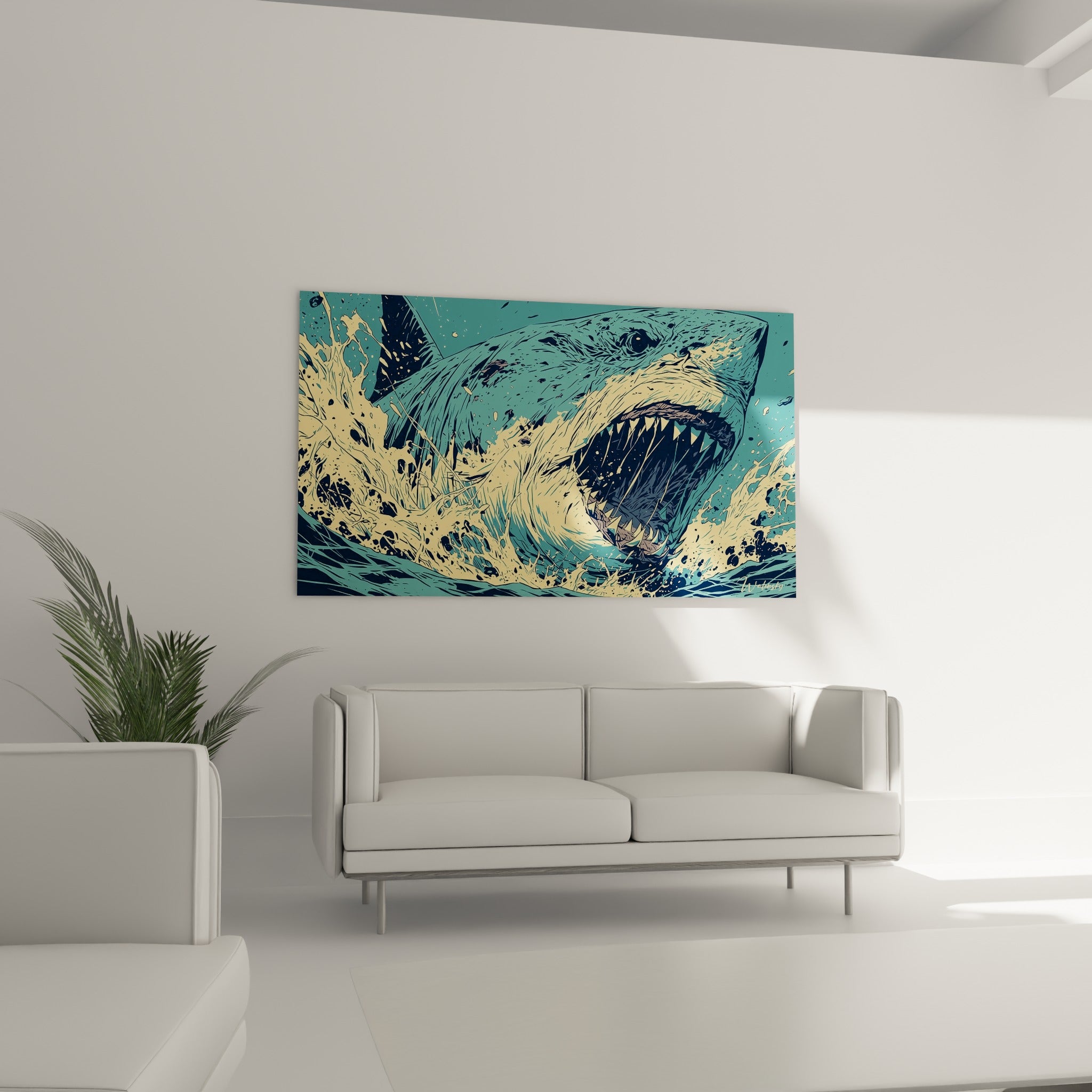 Mâchoire béante anthracite et corps bleu pétrole du requin, au-dessus d'un canapé dans un salon lumineux