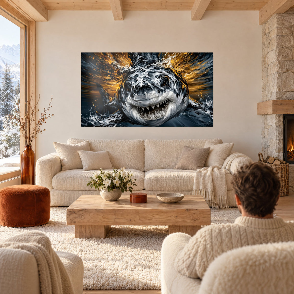 Wall art smiling shark with sharp teeth, grey dress and golden splashes, seen from behind above a sofa in a bright living room