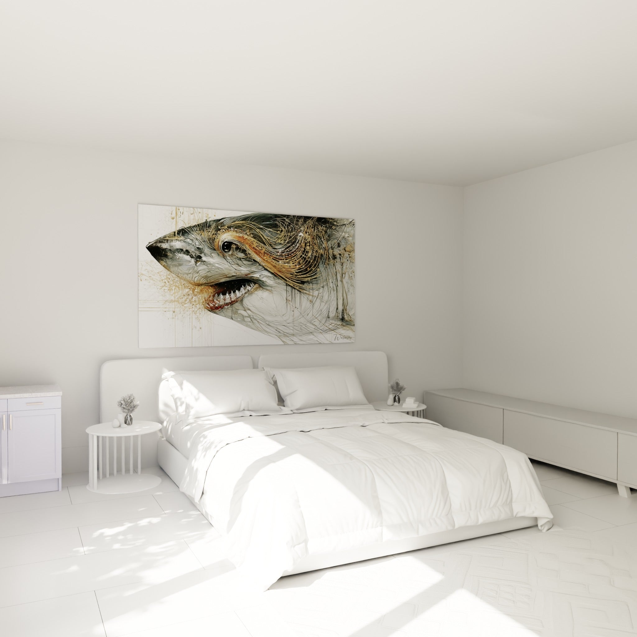 Requin anthracite aux fils dorés accroché au-dessus d'un lit dans une chambre claire et lumineuse