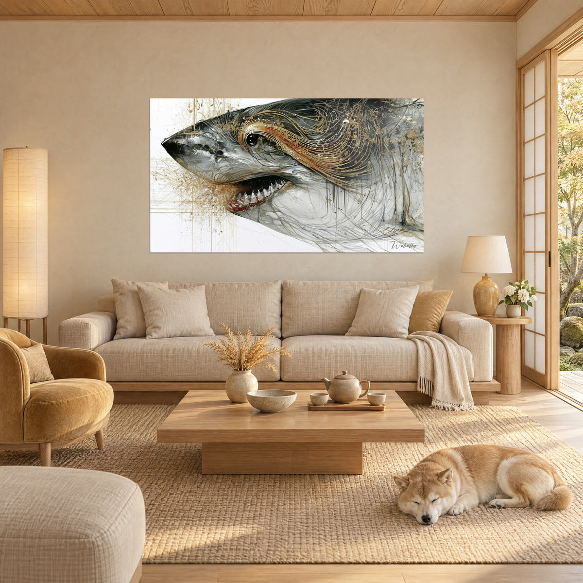 Schilderij witte haai in profiel, open bek met zilveren tanden, gouden en grijze strepen, een slapende Shiba boven een bank in een lichte woonkamer