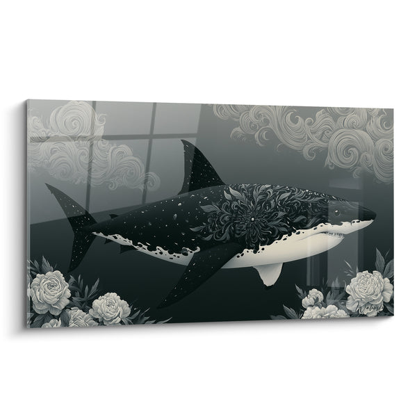 Tableau Requin noir orné de fleurs blanches - Grâce abyssale - Edition Requin